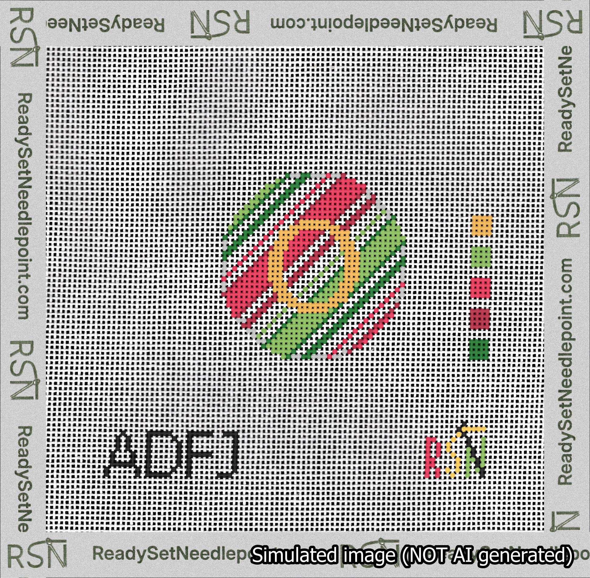 A taped needlepoint canvas with the design: Holiday Circle Initial O Font Gold Sans Serif Background Christmas Stripe.