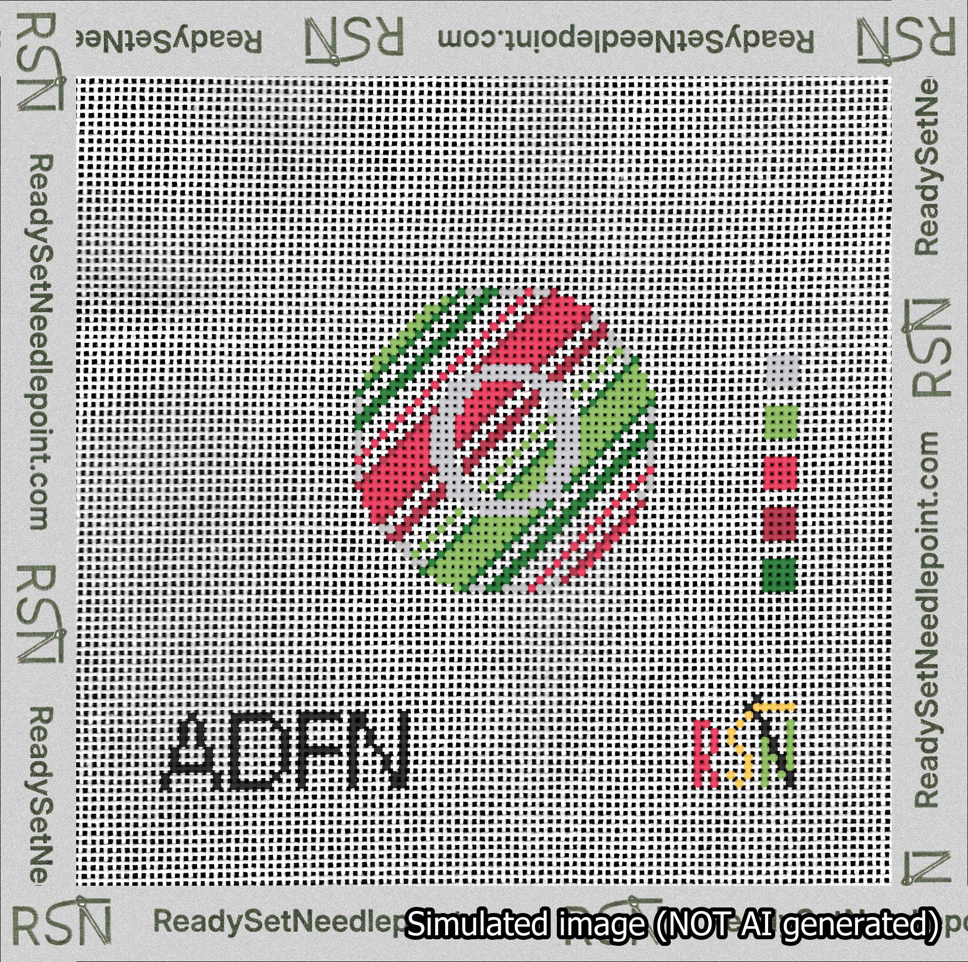 A taped needlepoint canvas with the design: Holiday Circle Initial O Font Silver Sans Serif Background Christmas Stripe.
