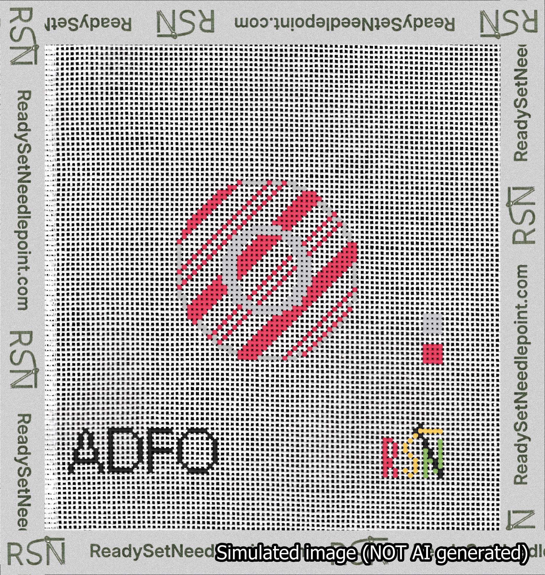 A taped needlepoint canvas with the design: Holiday Circle Initial O Font Silver Sans Serif Background Candy Cane Stripe.