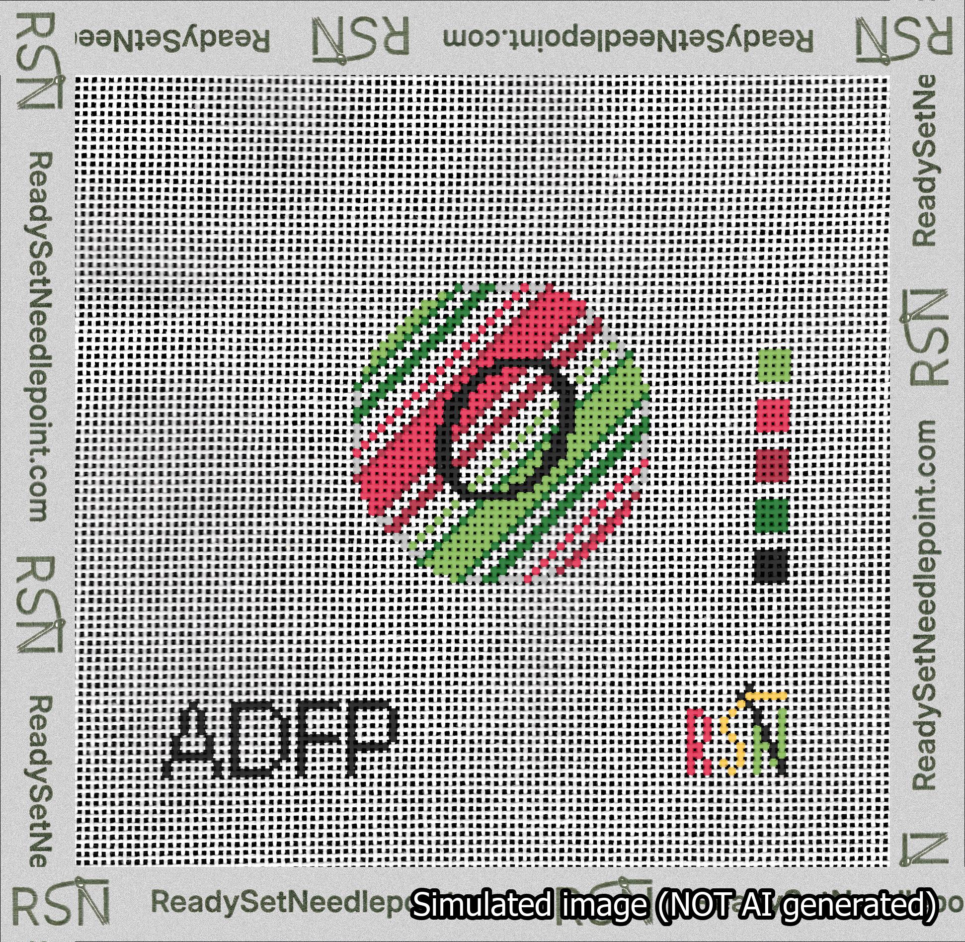 A taped needlepoint canvas with the design: Holiday Circle Initial O Font Black Script Background Christmas Stripe.