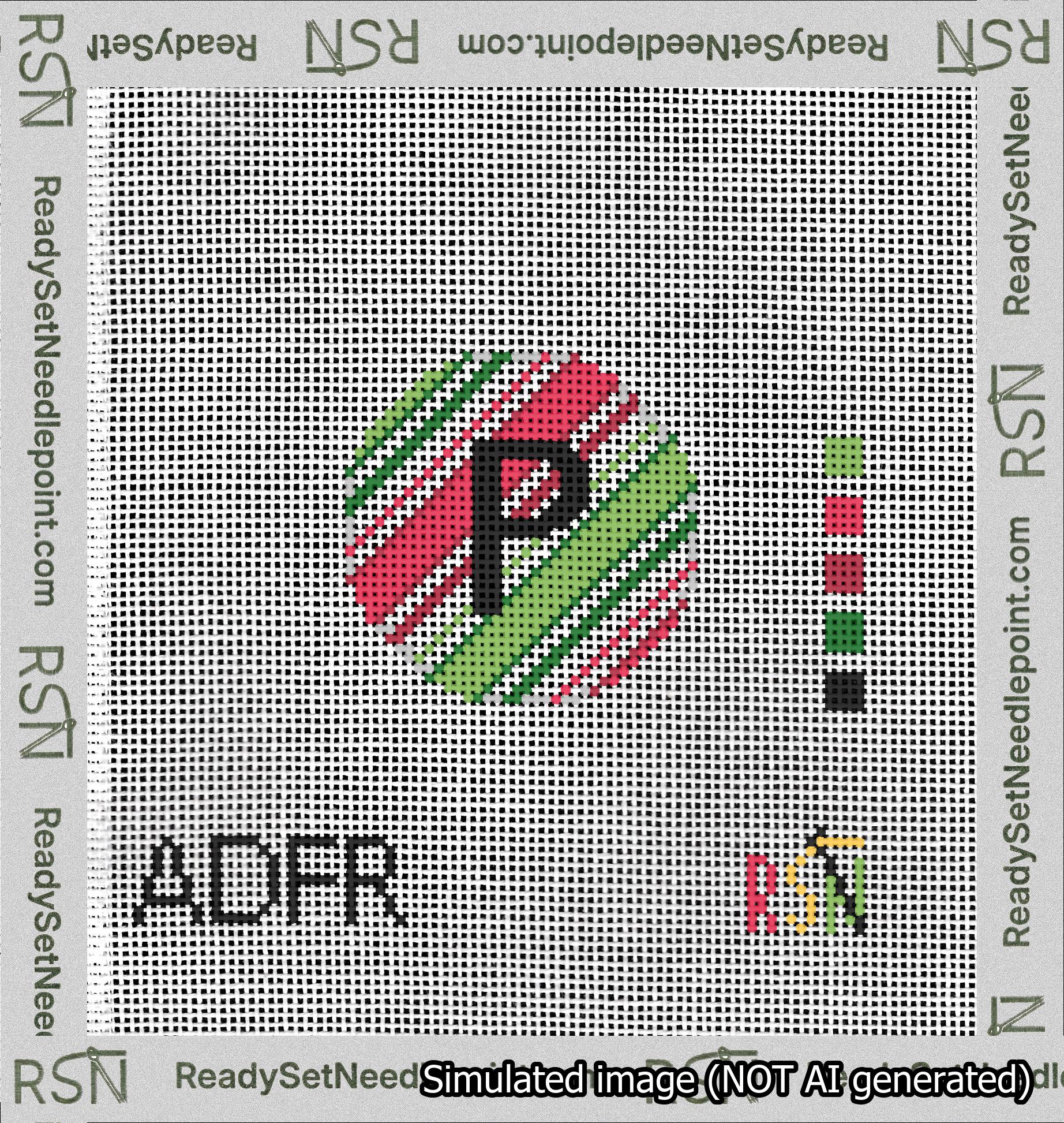 A taped needlepoint canvas with the design: Holiday Circle Initial P Font Black Sans Serif Background Christmas Stripe.
