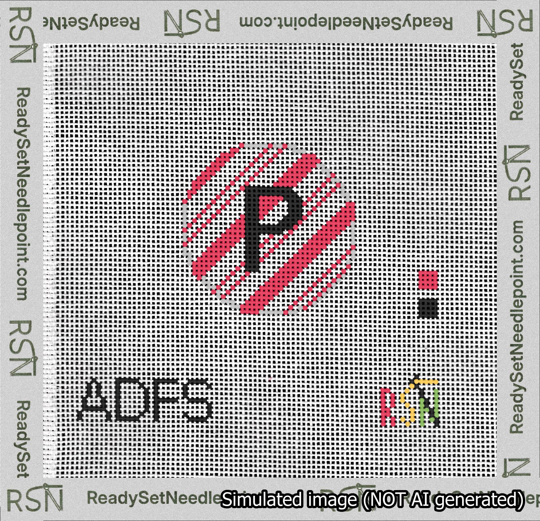 A taped needlepoint canvas with the design: Holiday Circle Initial P Font Black Sans Serif Background Candy Cane Stripe.