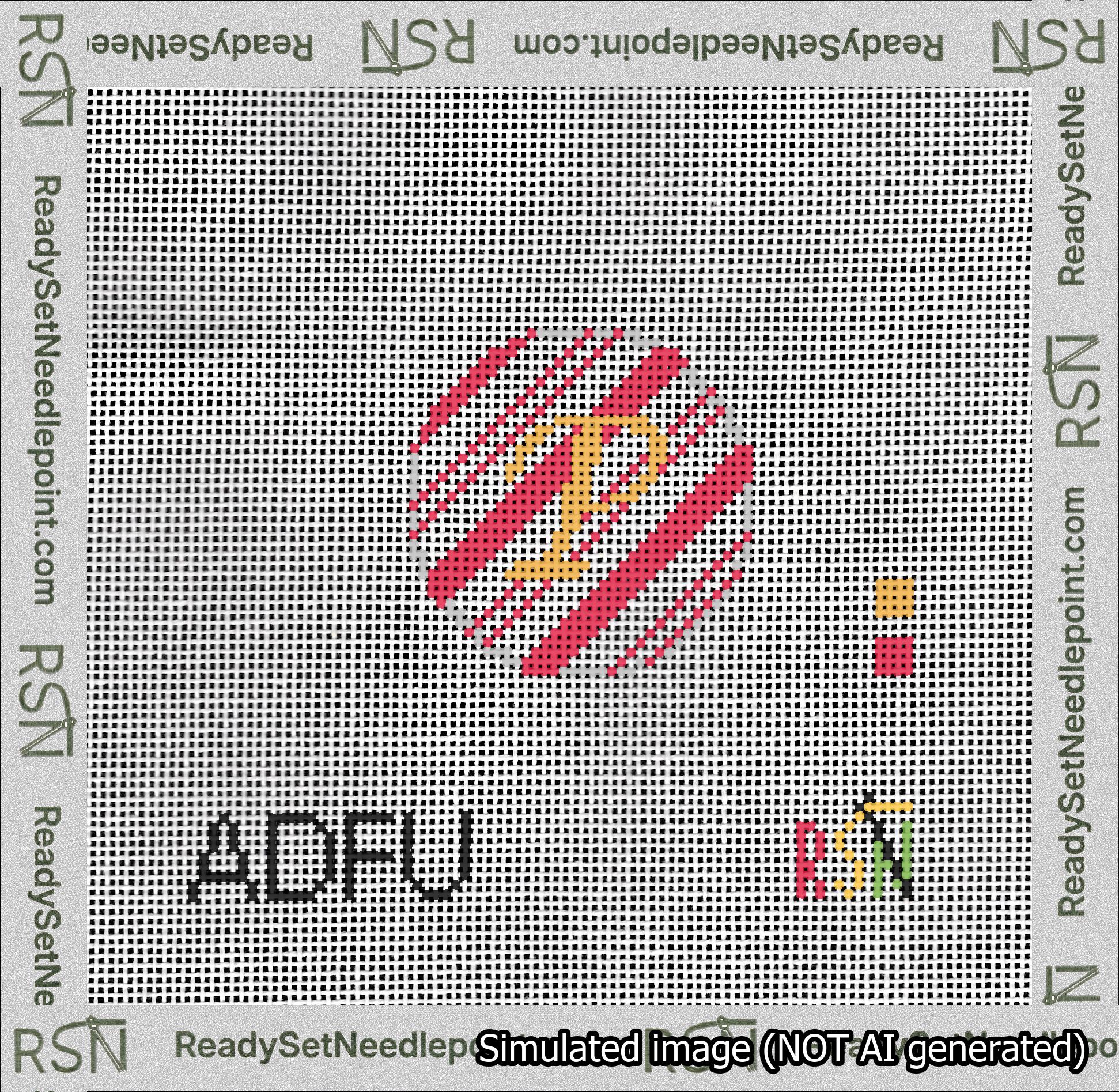 A taped needlepoint canvas with the design: Holiday Circle Initial P Font Gold Script Background Candy Cane Stripe.