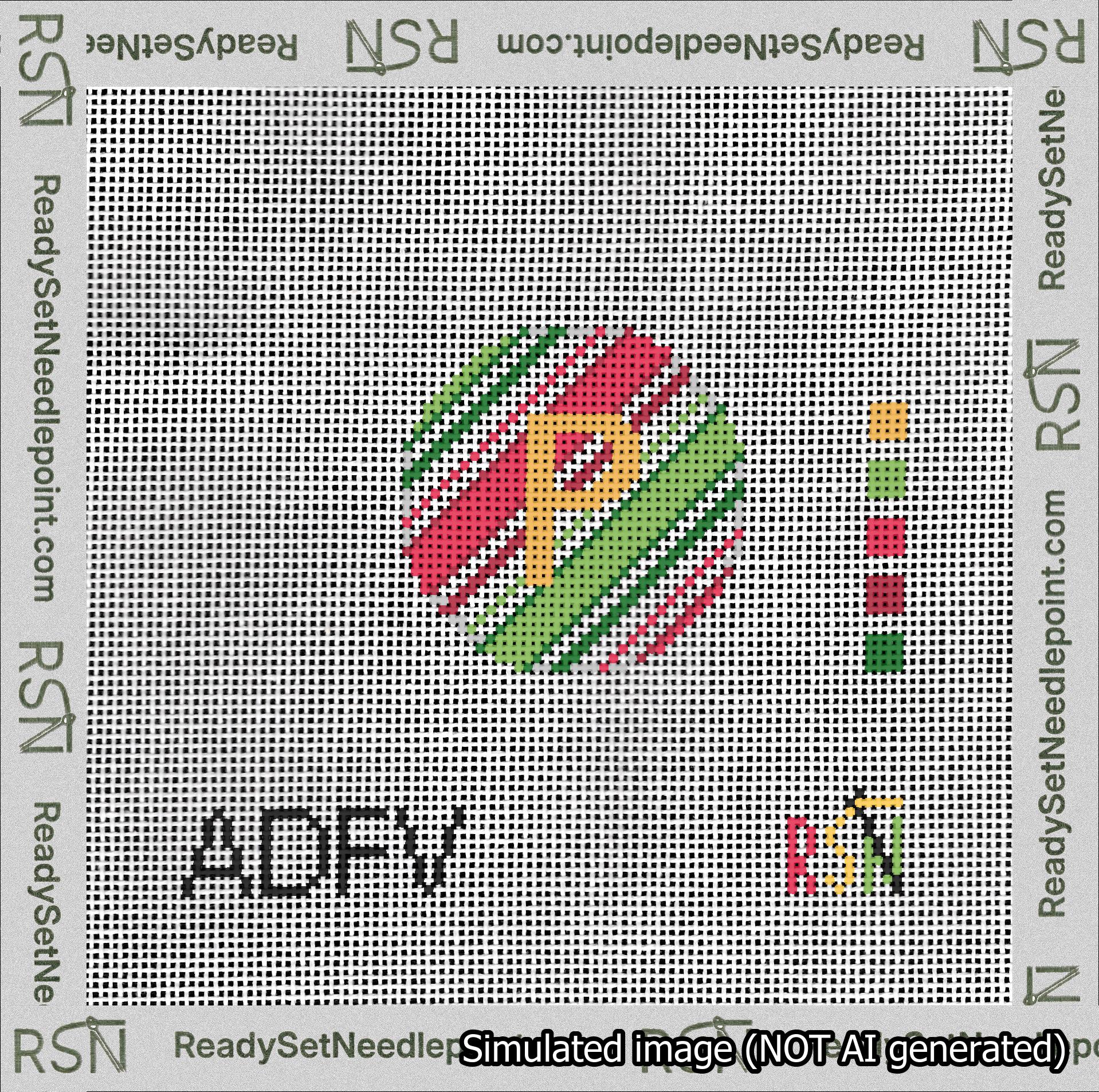 A taped needlepoint canvas with the design: Holiday Circle Initial P Font Gold Sans Serif Background Christmas Stripe.