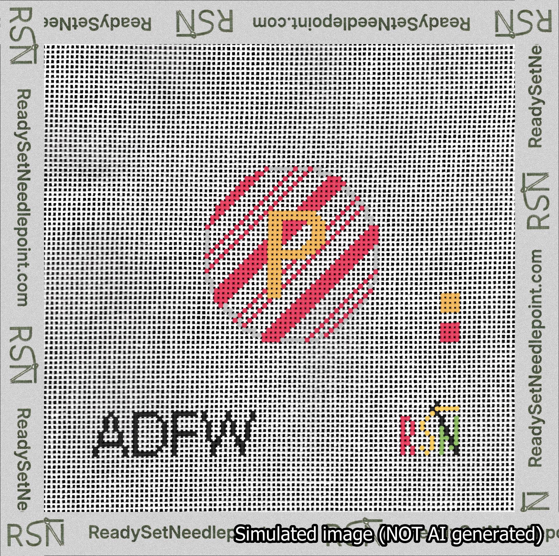 A taped needlepoint canvas with the design: Holiday Circle Initial P Font Gold Sans Serif Background Candy Cane Stripe.