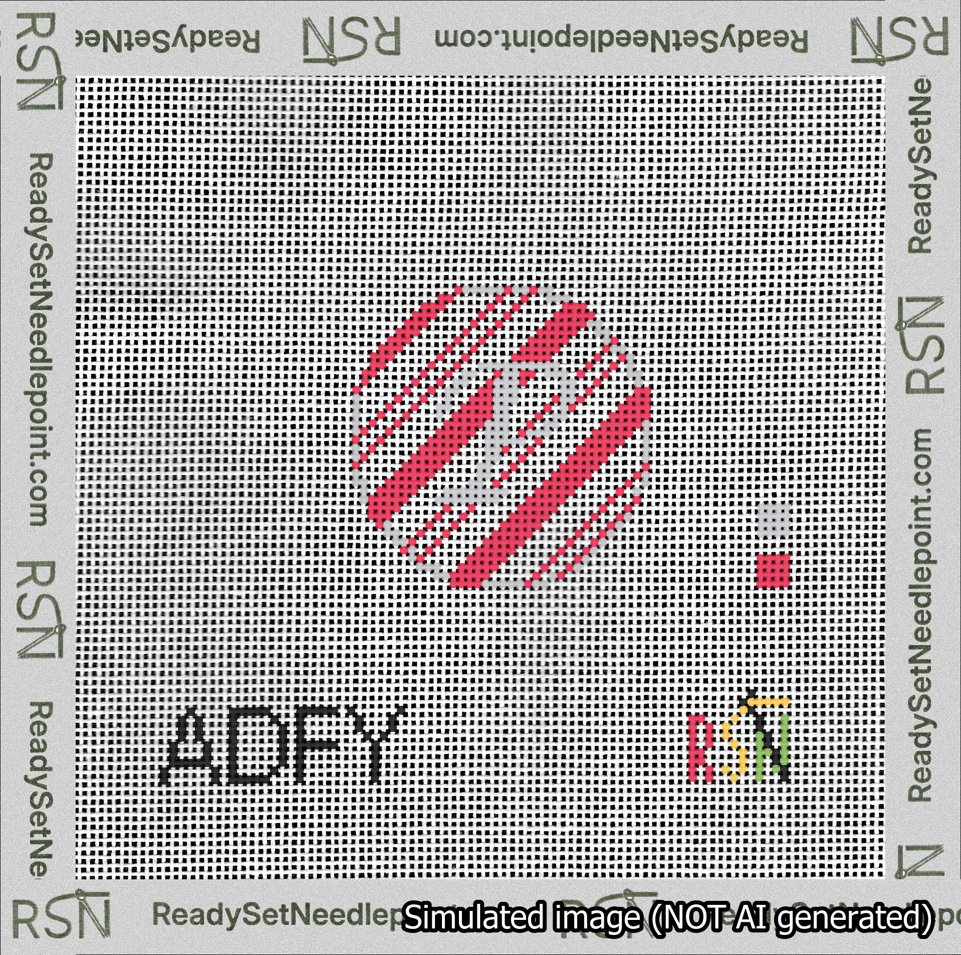 A taped needlepoint canvas with the design: Holiday Circle Initial P Font Silver Script Background Candy Cane Stripe.