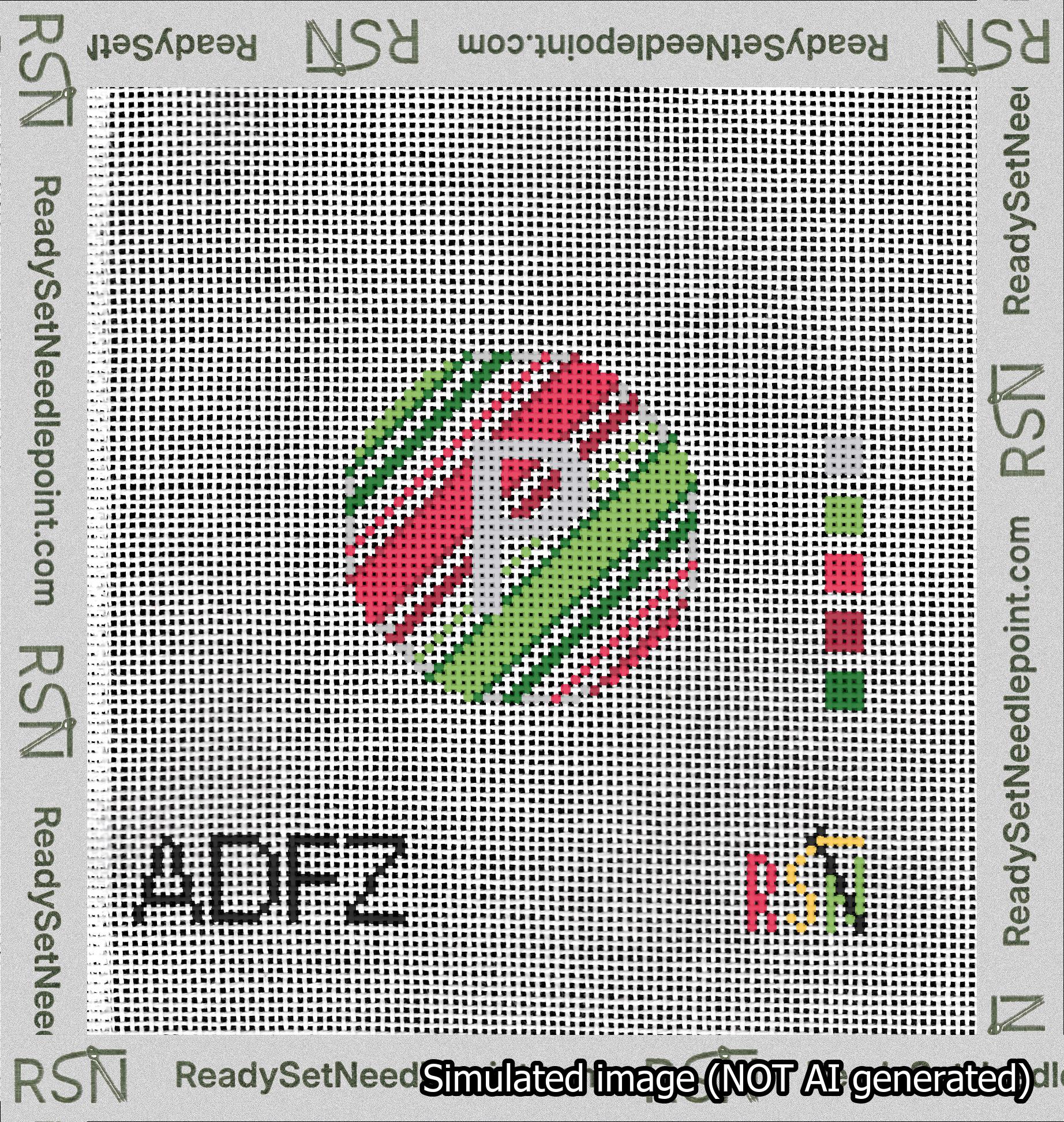 A taped needlepoint canvas with the design: Holiday Circle Initial P Font Silver Sans Serif Background Christmas Stripe.