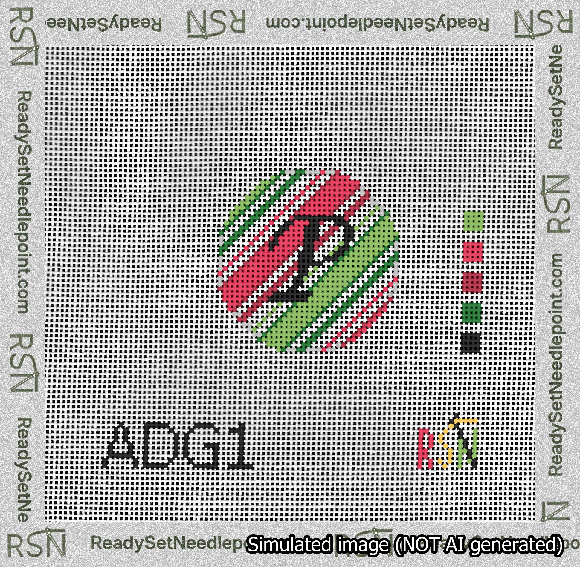 A taped needlepoint canvas with the design: Holiday Circle Initial P Font Black Script Background Christmas Stripe.