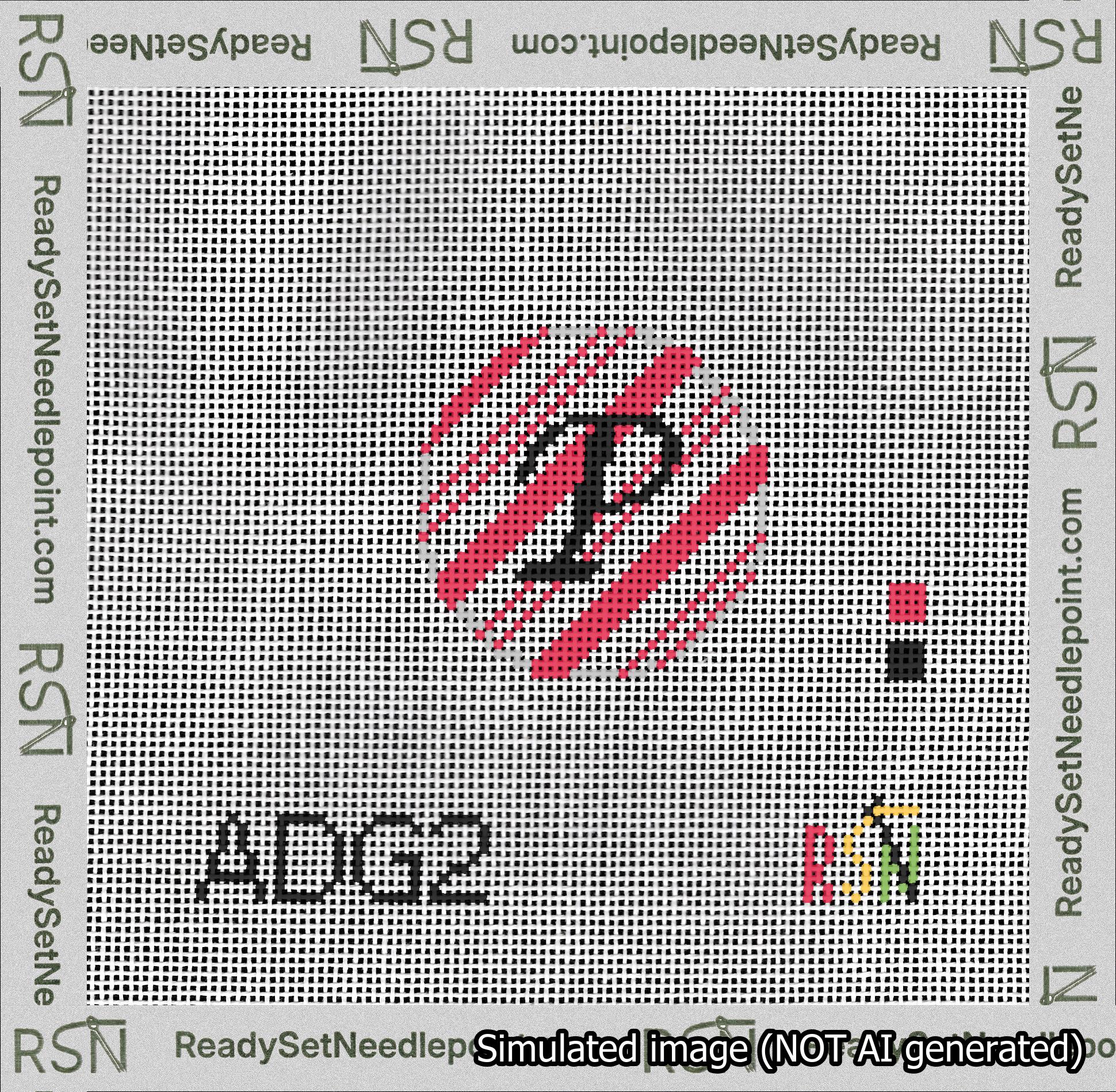 A taped needlepoint canvas with the design: Holiday Circle Initial P Font Black Script Background Candy Cane Stripe.