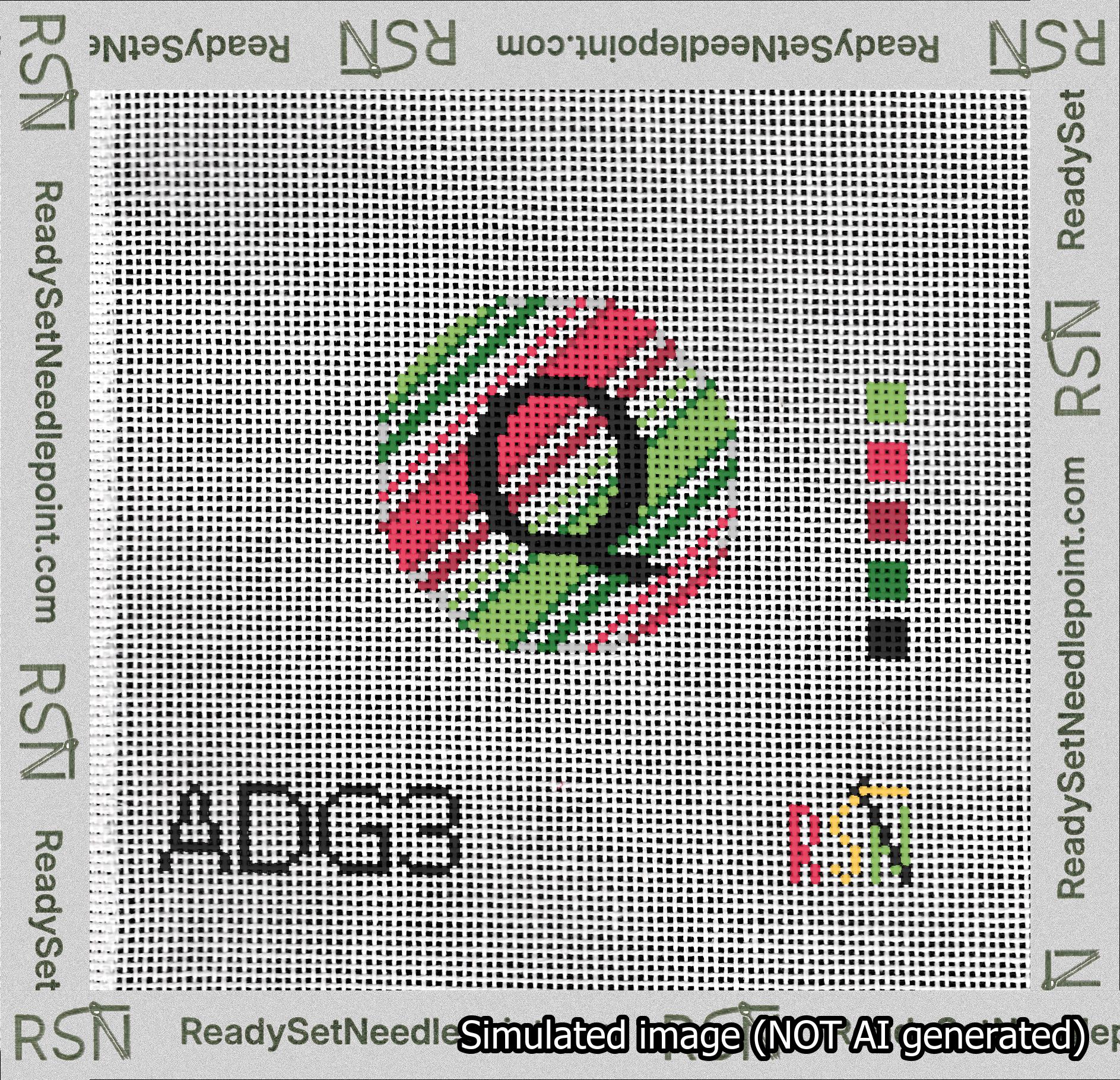 A taped needlepoint canvas with the design: Holiday Circle Initial Q Font Black Sans Serif Background Christmas Stripe.