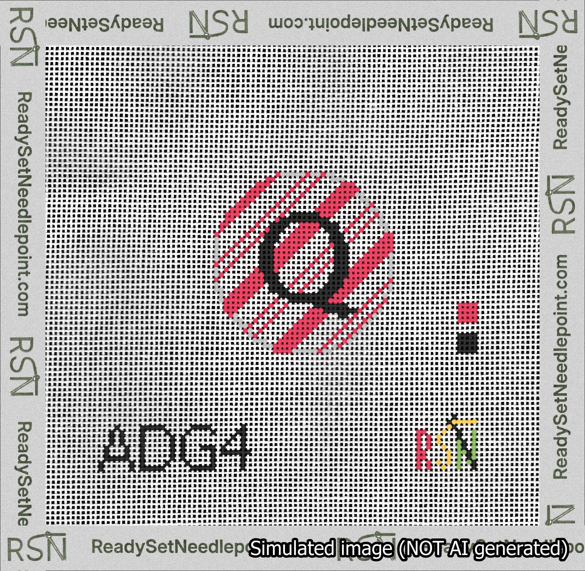 A taped needlepoint canvas with the design: Holiday Circle Initial Q Font Black Sans Serif Background Candy Cane Stripe.