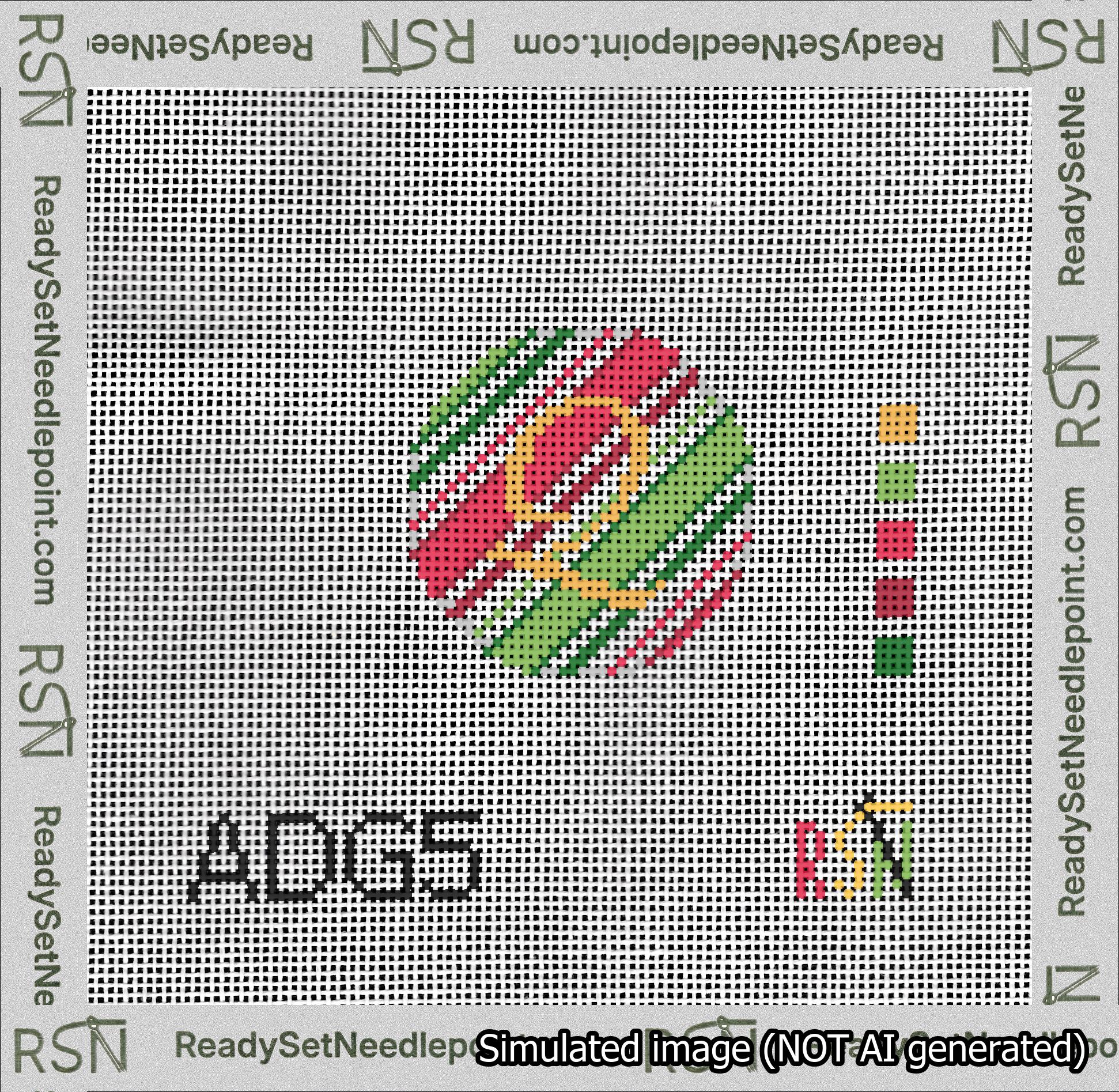 A taped needlepoint canvas with the design: Holiday Circle Initial Q Font Gold Script Background Christmas Stripe.