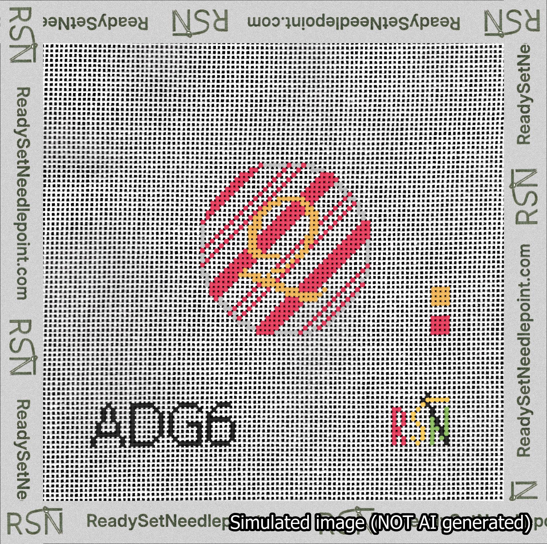 A taped needlepoint canvas with the design: Holiday Circle Initial Q Font Gold Script Background Candy Cane Stripe.