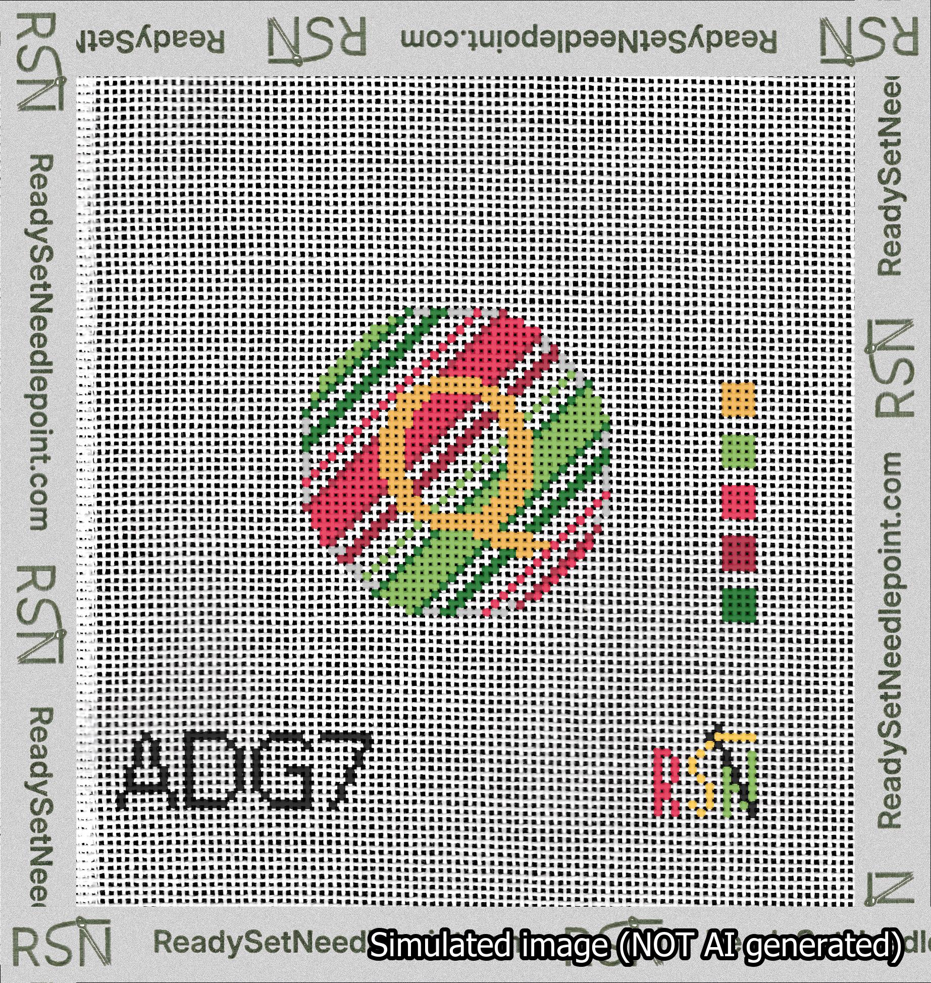 A taped needlepoint canvas with the design: Holiday Circle Initial Q Font Gold Sans Serif Background Christmas Stripe.