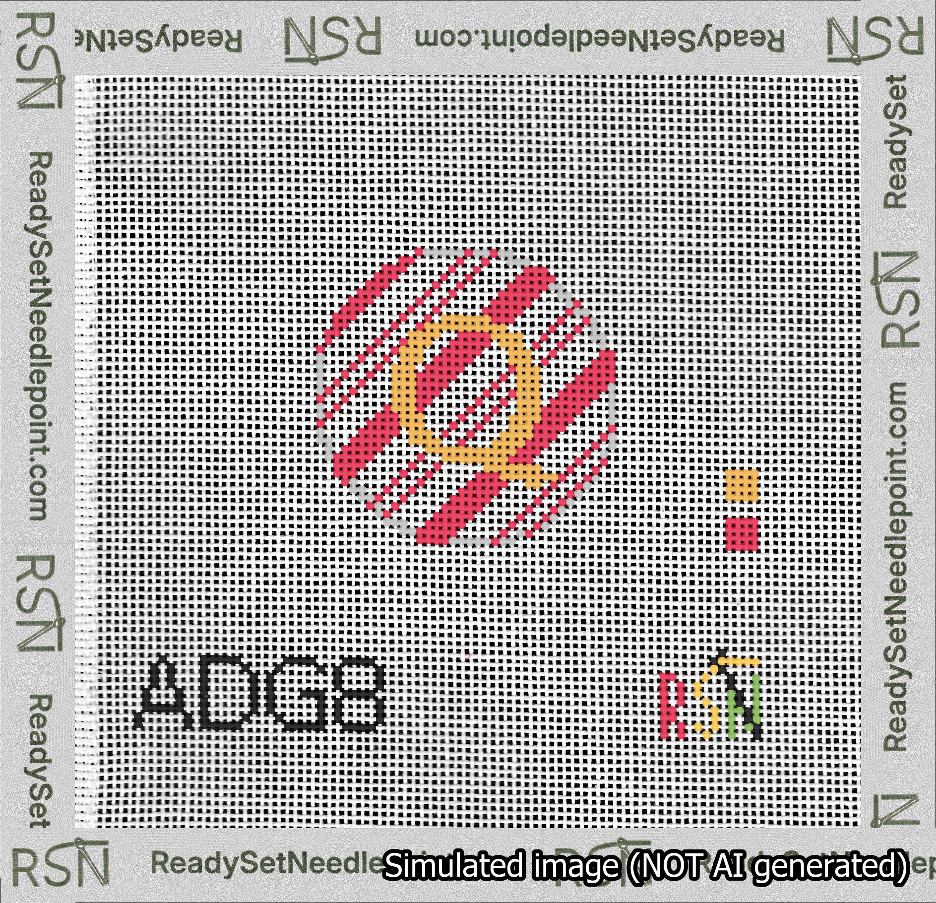 A taped needlepoint canvas with the design: Holiday Circle Initial Q Font Gold Sans Serif Background Candy Cane Stripe.