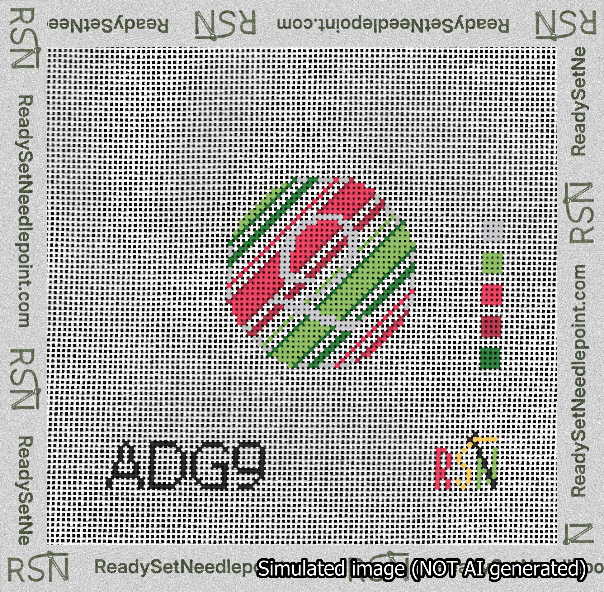 A taped needlepoint canvas with the design: Holiday Circle Initial Q Font Silver Script Background Christmas Stripe.