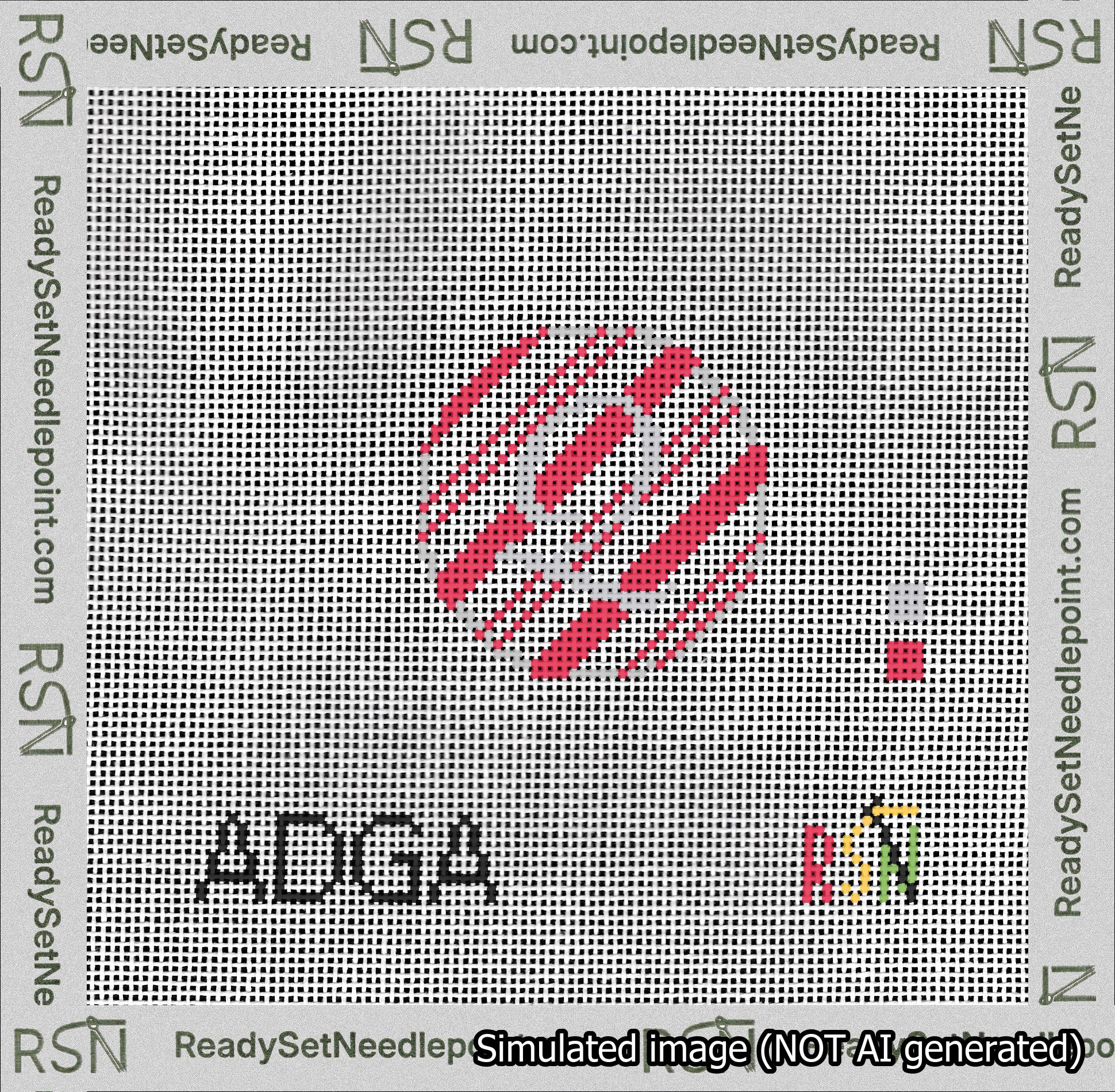 A taped needlepoint canvas with the design: Holiday Circle Initial Q Font Silver Script Background Candy Cane Stripe.