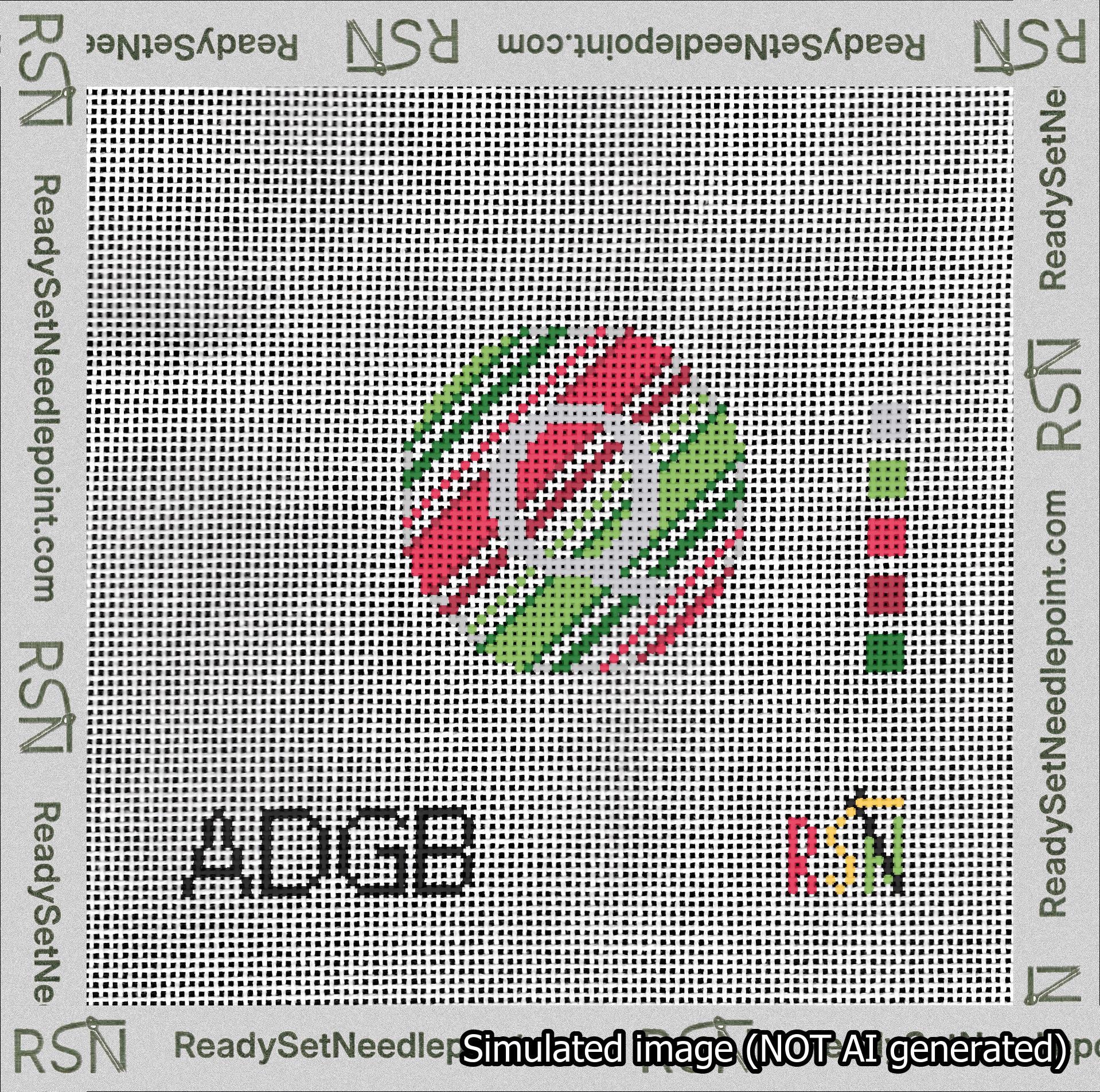 A taped needlepoint canvas with the design: Holiday Circle Initial Q Font Silver Sans Serif Background Christmas Stripe.