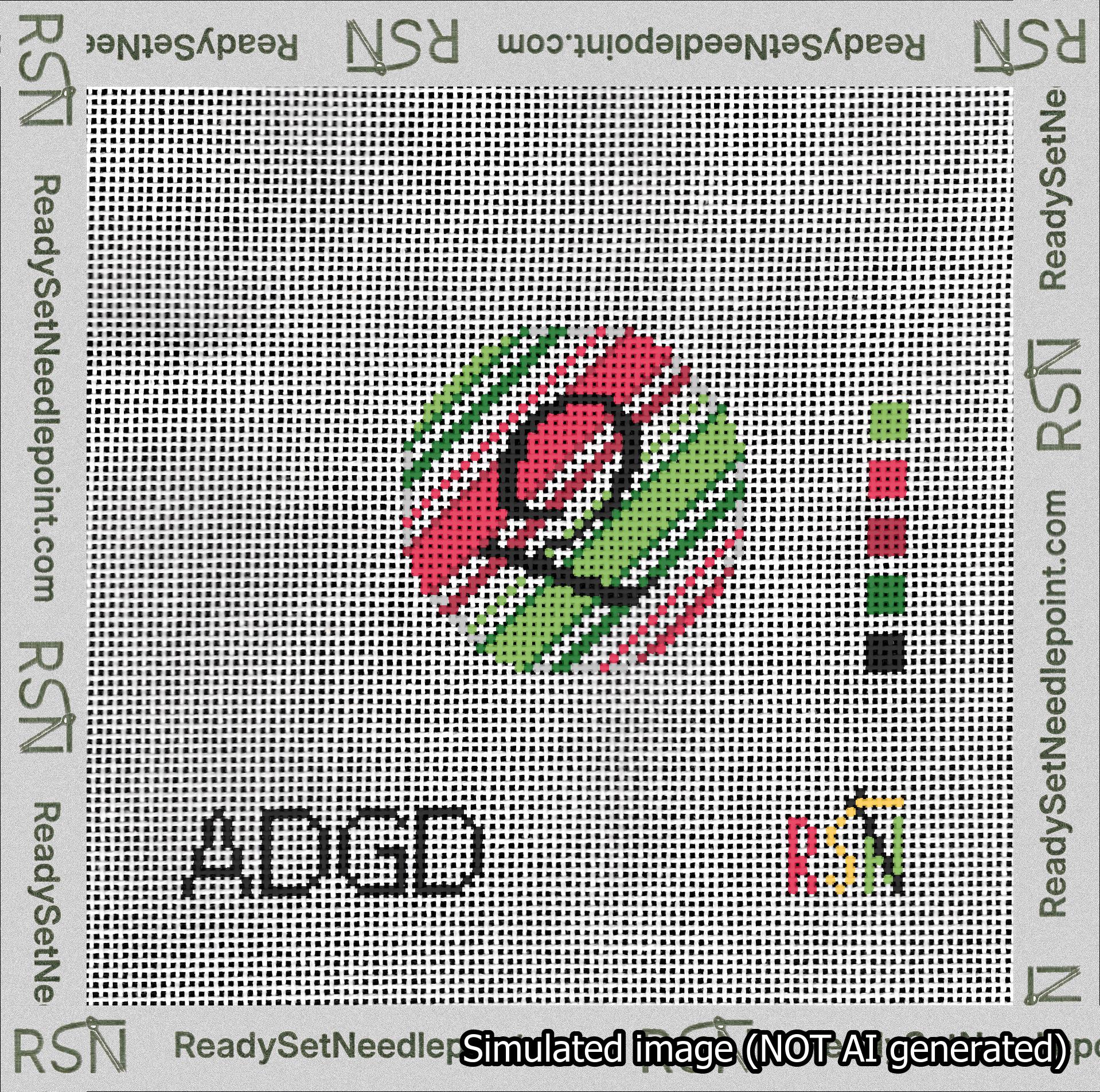 A taped needlepoint canvas with the design: Holiday Circle Initial Q Font Black Script Background Christmas Stripe.