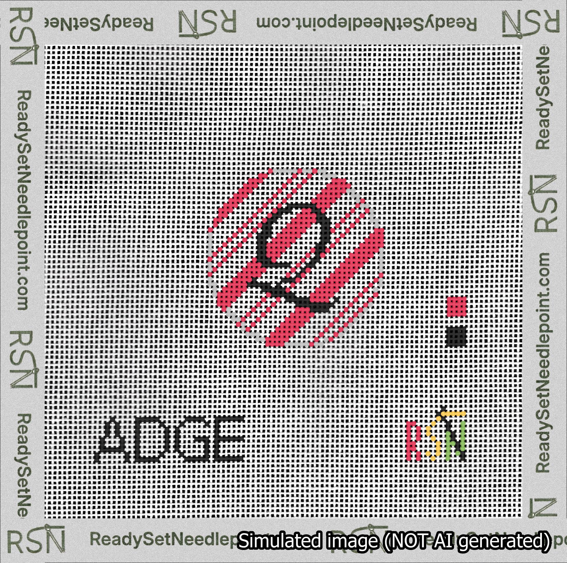 A taped needlepoint canvas with the design: Holiday Circle Initial Q Font Black Script Background Candy Cane Stripe.