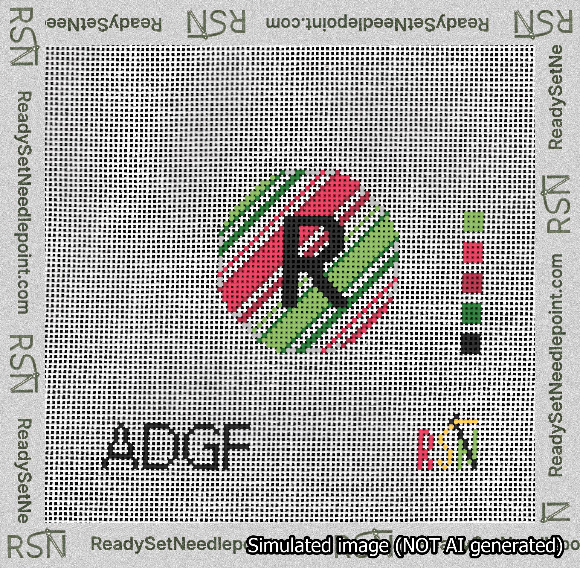 A taped needlepoint canvas with the design: Holiday Circle Initial R Font Black Sans Serif Background Christmas Stripe.