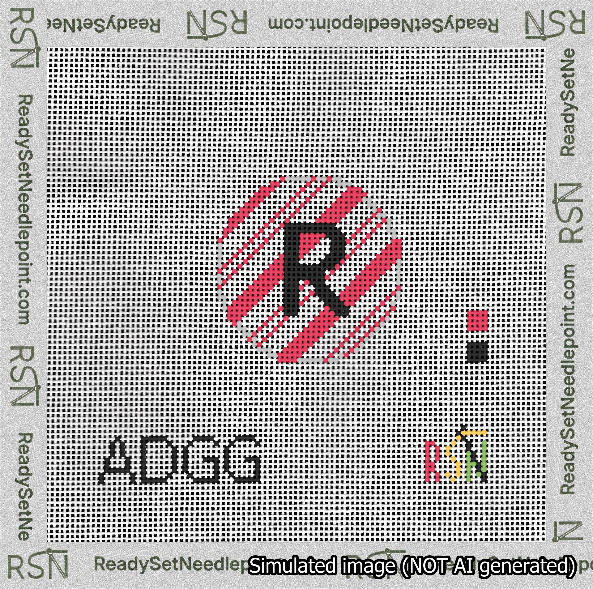 A taped needlepoint canvas with the design: Holiday Circle Initial R Font Black Sans Serif Background Candy Cane Stripe.