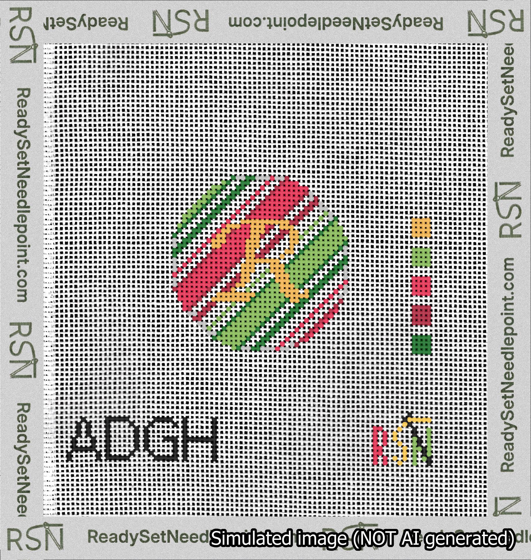 A taped needlepoint canvas with the design: Holiday Circle Initial R Font Gold Script Background Christmas Stripe.