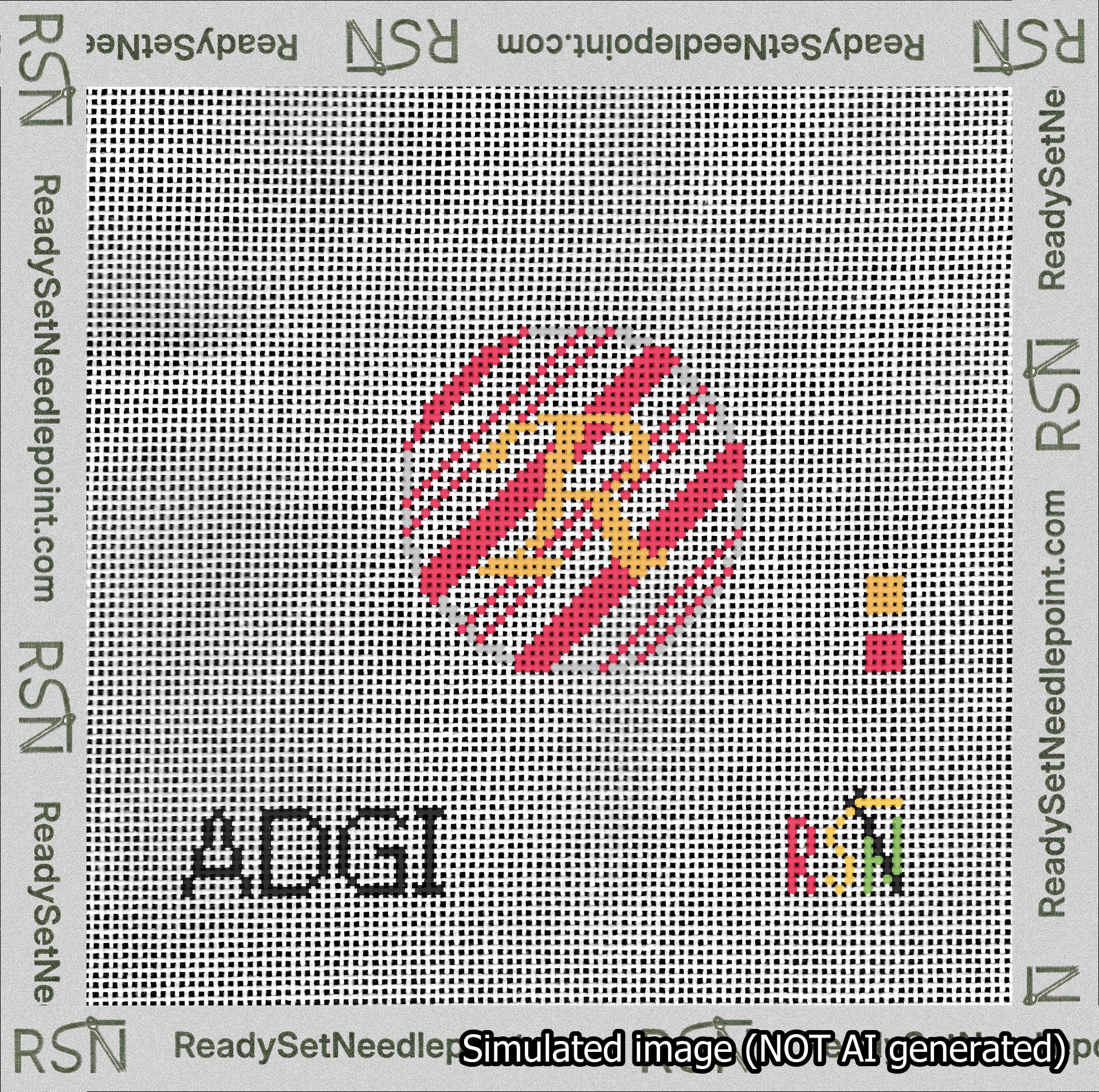 A taped needlepoint canvas with the design: Holiday Circle Initial R Font Gold Script Background Candy Cane Stripe.