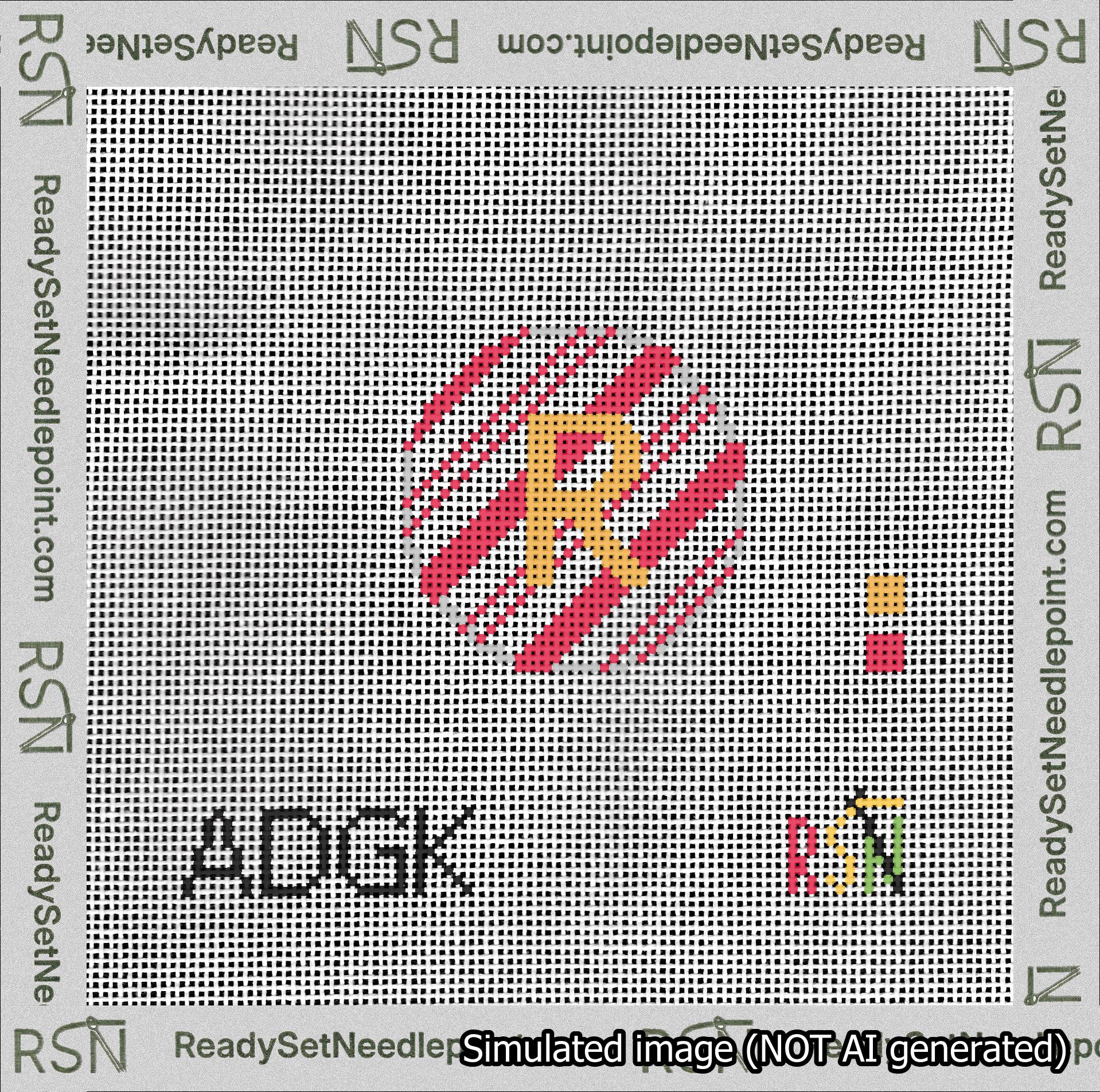 A taped needlepoint canvas with the design: Holiday Circle Initial R Font Gold Sans Serif Background Candy Cane Stripe.