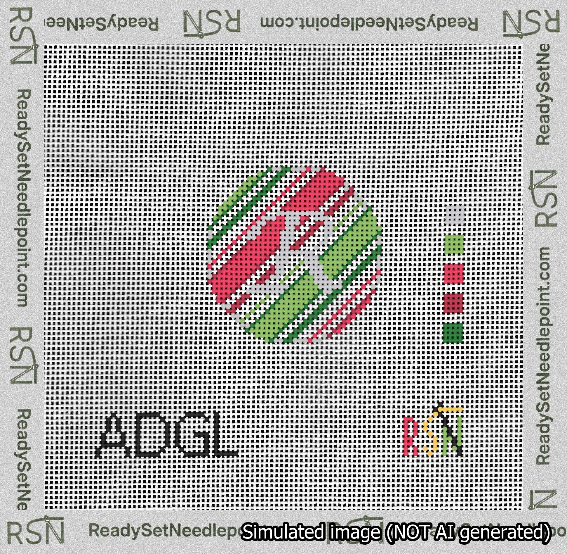 A taped needlepoint canvas with the design: Holiday Circle Initial R Font Silver Script Background Christmas Stripe.