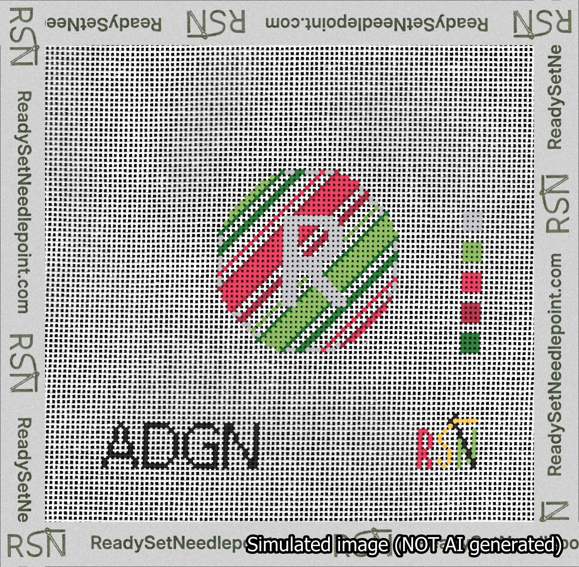 A taped needlepoint canvas with the design: Holiday Circle Initial R Font Silver Sans Serif Background Christmas Stripe.