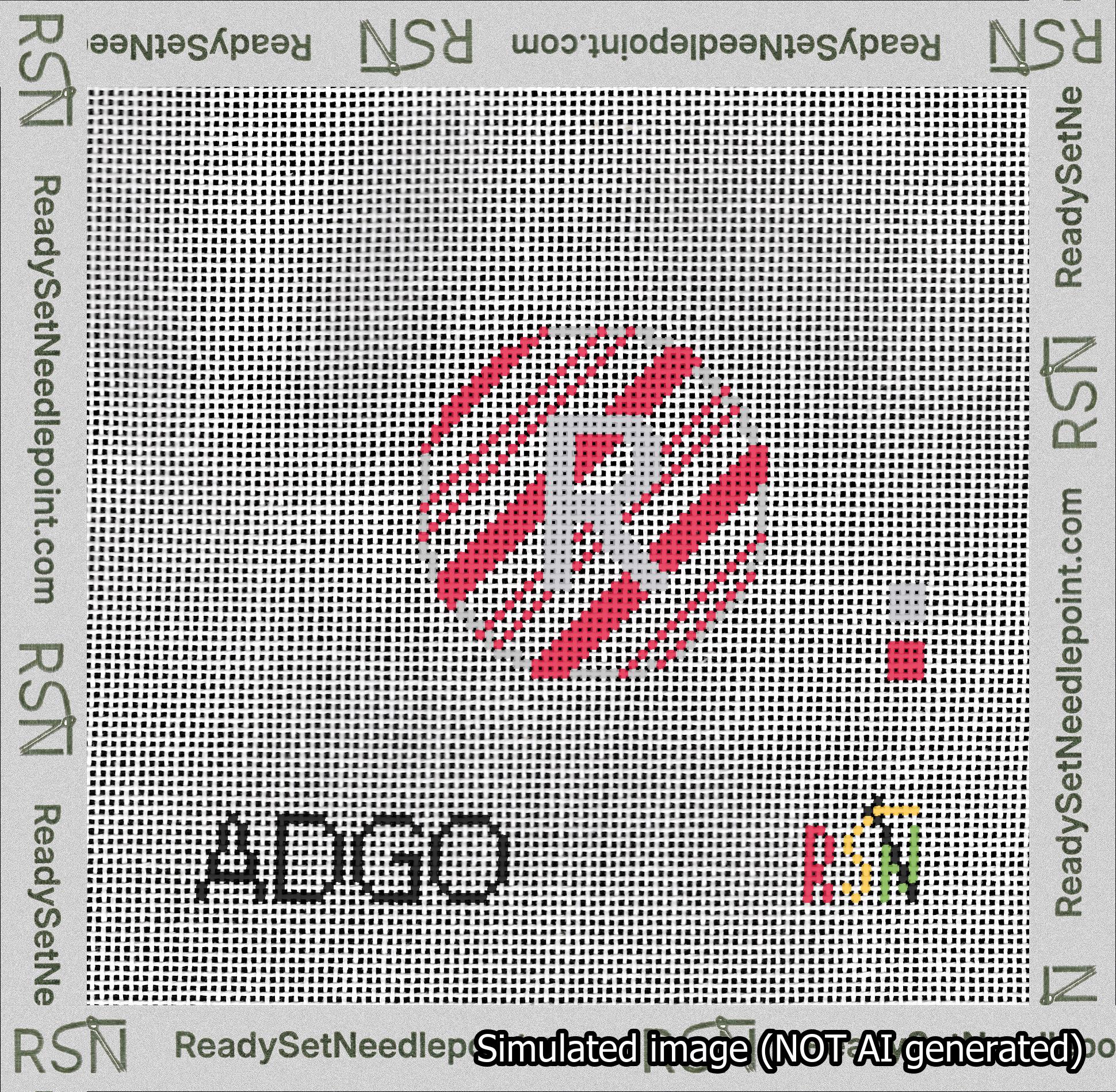 A taped needlepoint canvas with the design: Holiday Circle Initial R Font Silver Sans Serif Background Candy Cane Stripe.