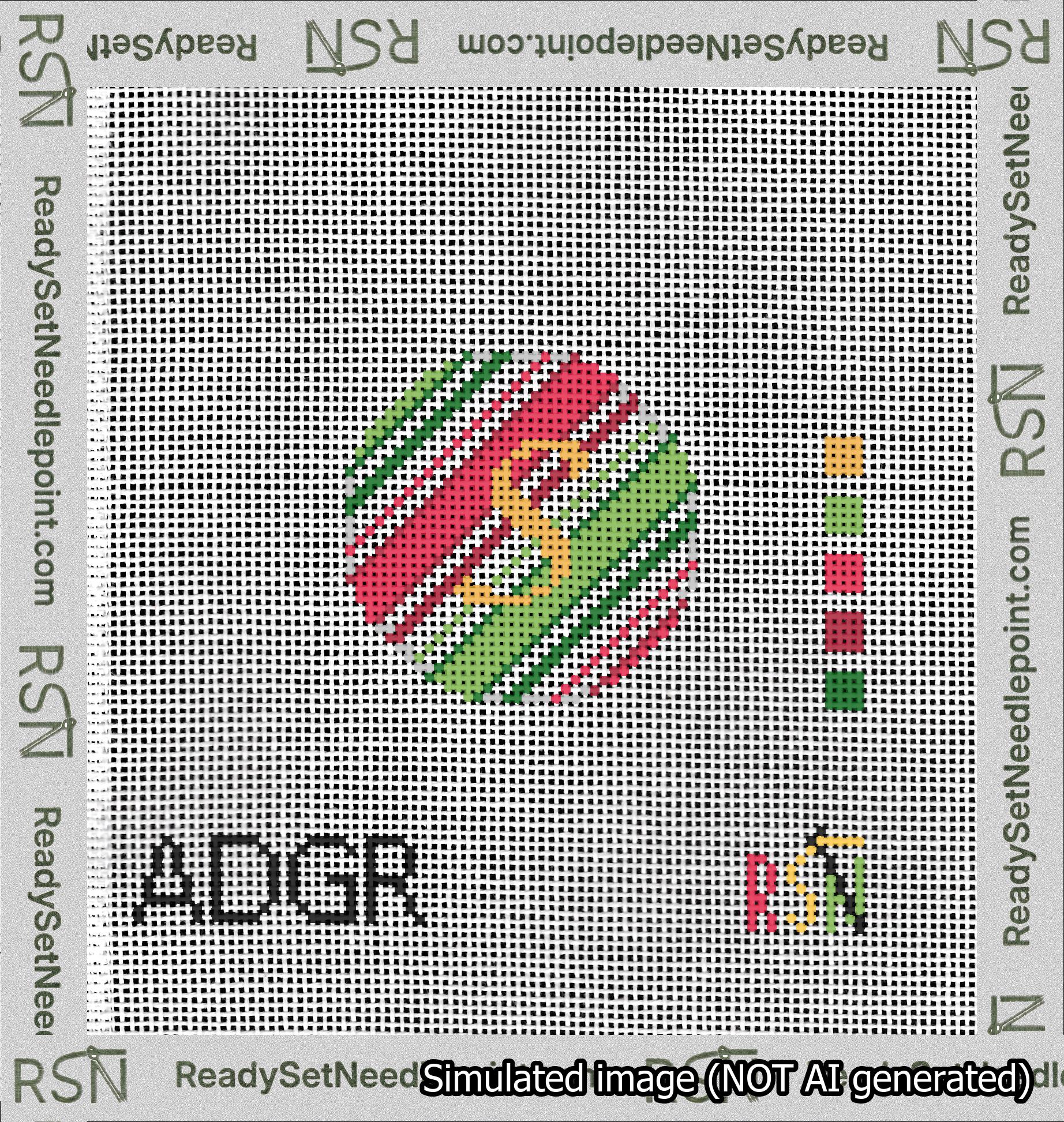 A taped needlepoint canvas with the design: Holiday Circle Initial S Font Gold Script Background Christmas Stripe.