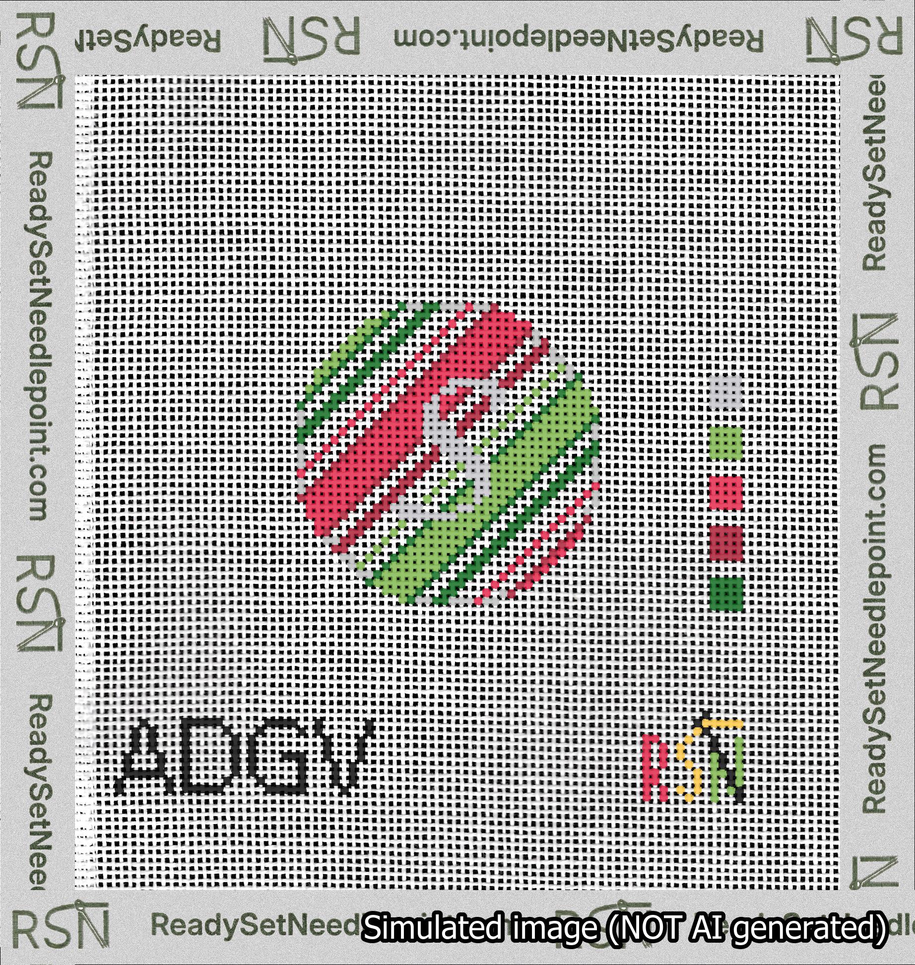 A taped needlepoint canvas with the design: Holiday Circle Initial S Font Silver Script Background Christmas Stripe.