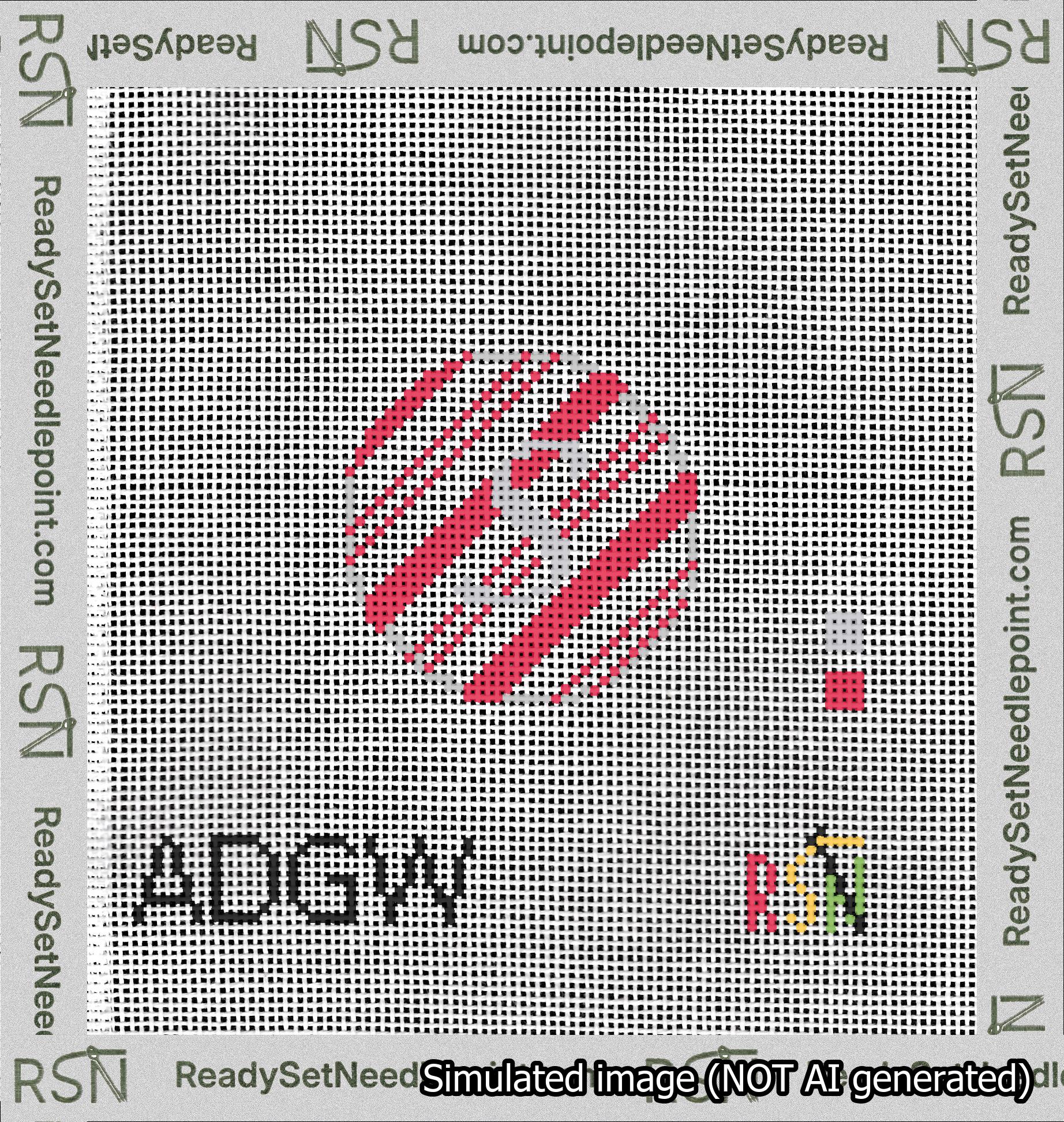 A taped needlepoint canvas with the design: Holiday Circle Initial S Font Silver Script Background Candy Cane Stripe.