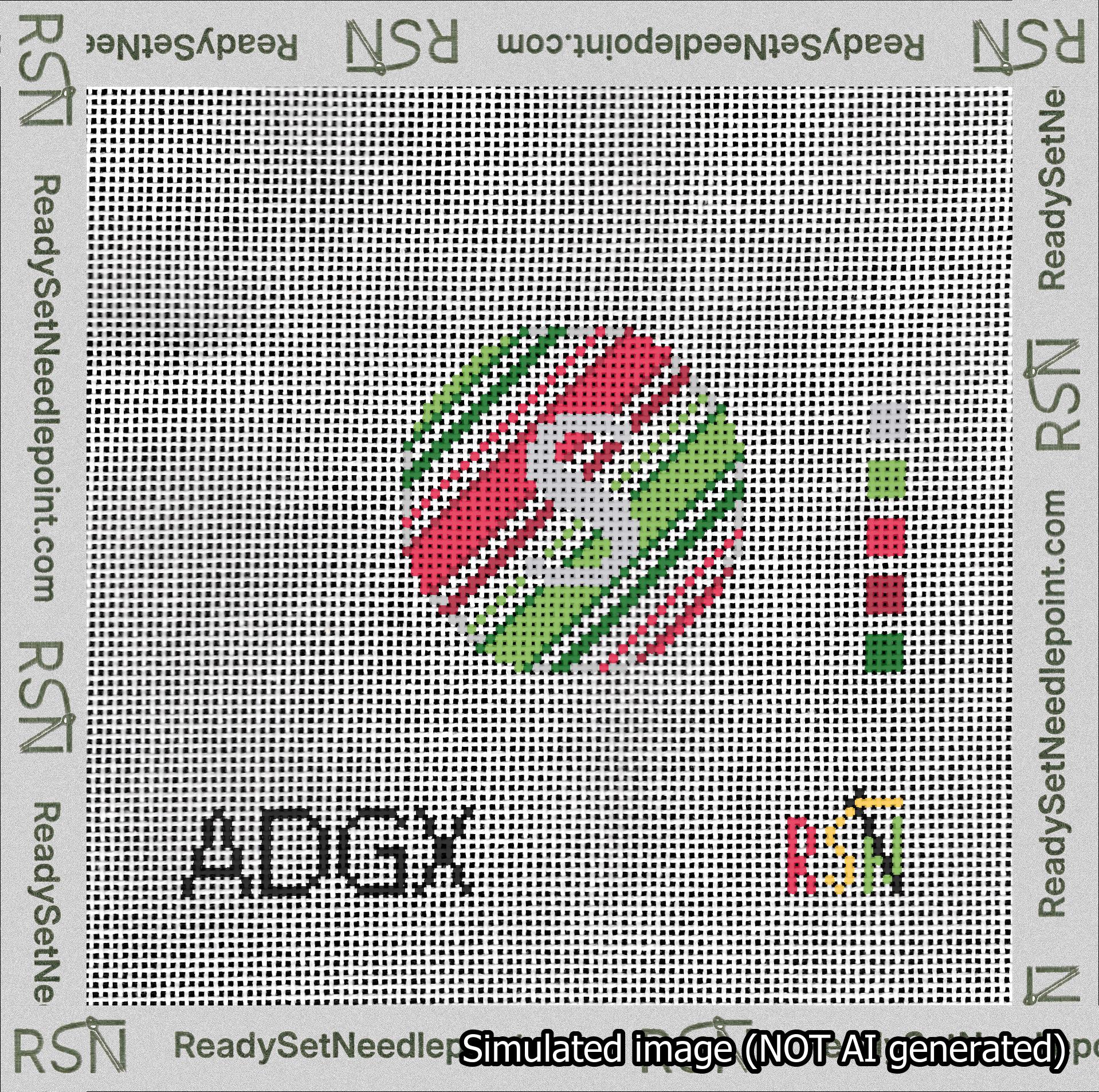 A taped needlepoint canvas with the design: Holiday Circle Initial S Font Silver Sans Serif Background Christmas Stripe.