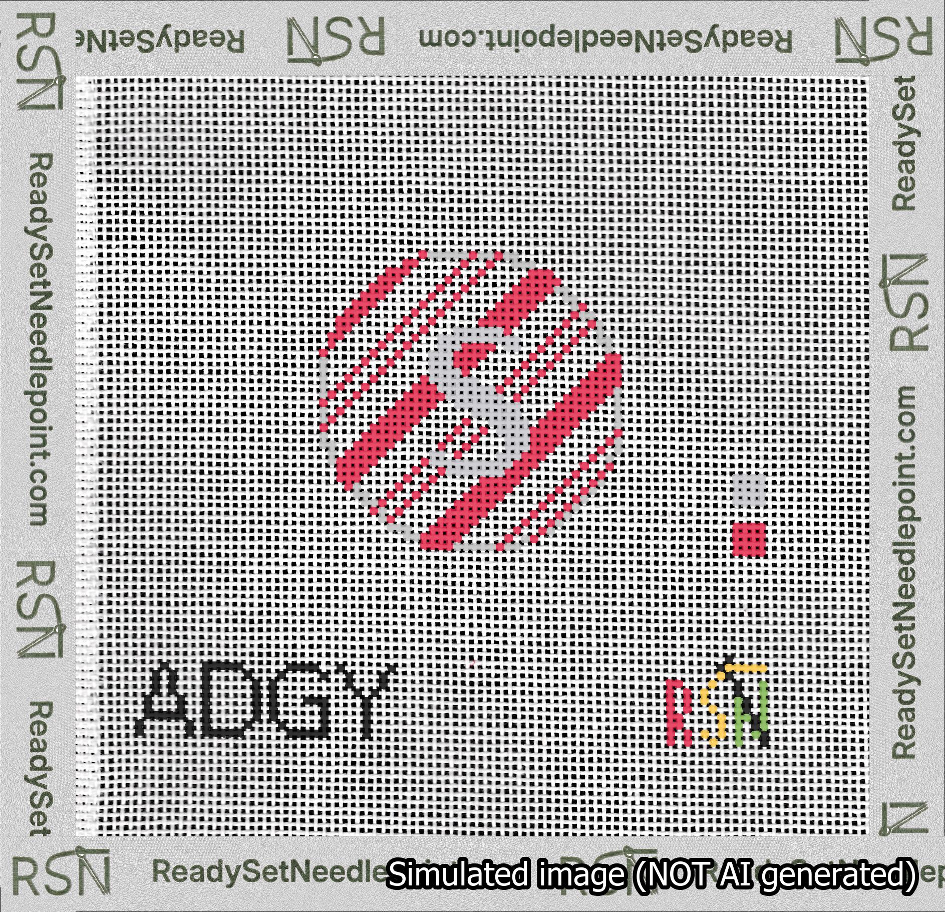 A taped needlepoint canvas with the design: Holiday Circle Initial S Font Silver Sans Serif Background Candy Cane Stripe.