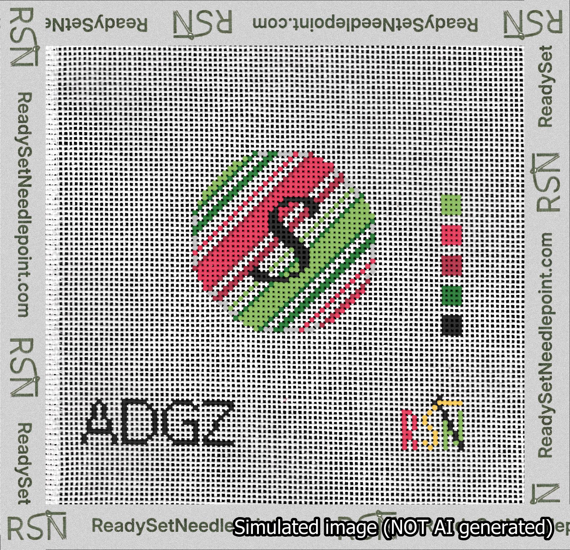 A taped needlepoint canvas with the design: Holiday Circle Initial S Font Black Script Background Christmas Stripe.