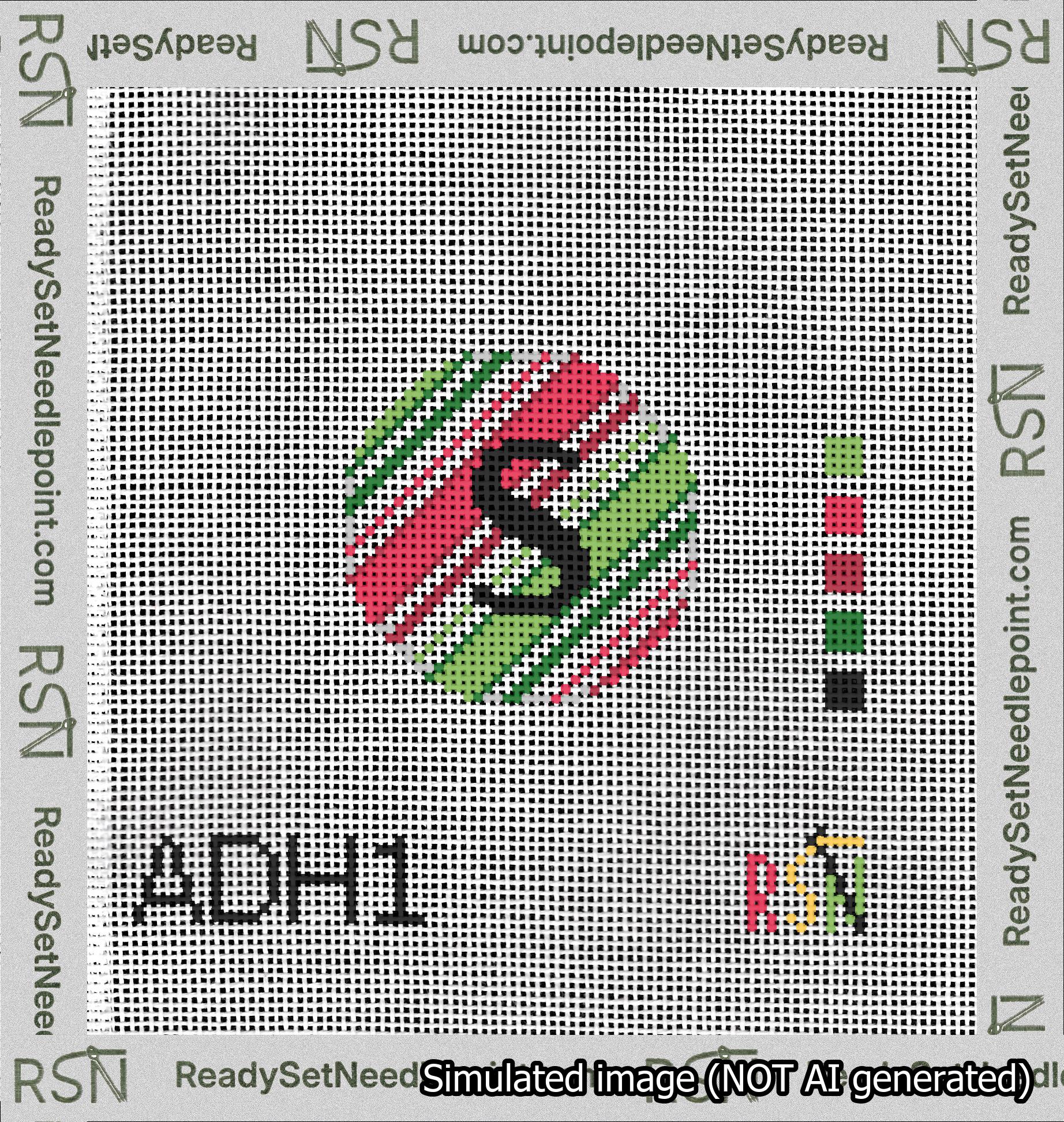 A taped needlepoint canvas with the design: Holiday Circle Initial S Font Black Sans Serif Background Christmas Stripe.