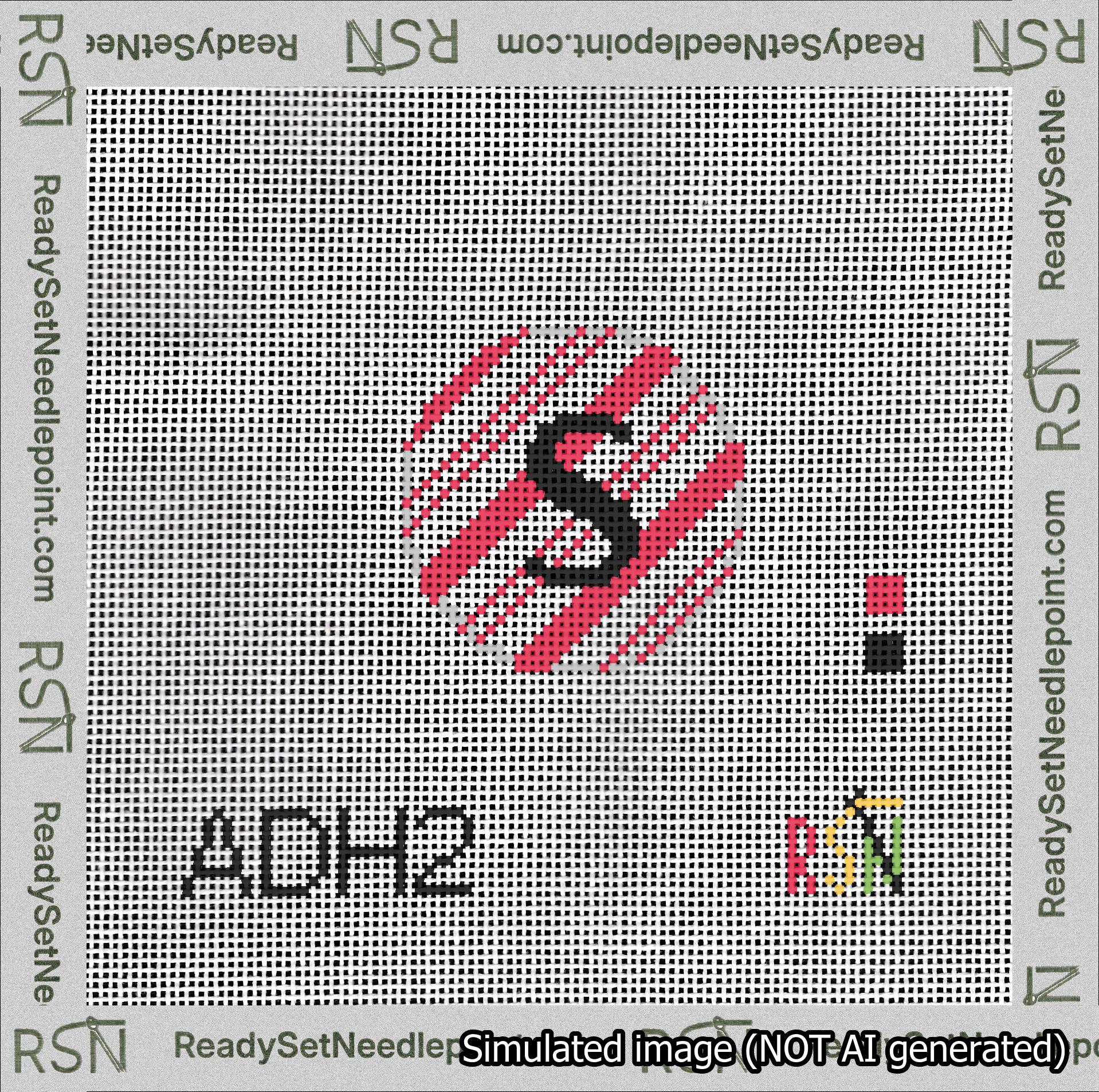 A taped needlepoint canvas with the design: Holiday Circle Initial S Font Black Sans Serif Background Candy Cane Stripe.