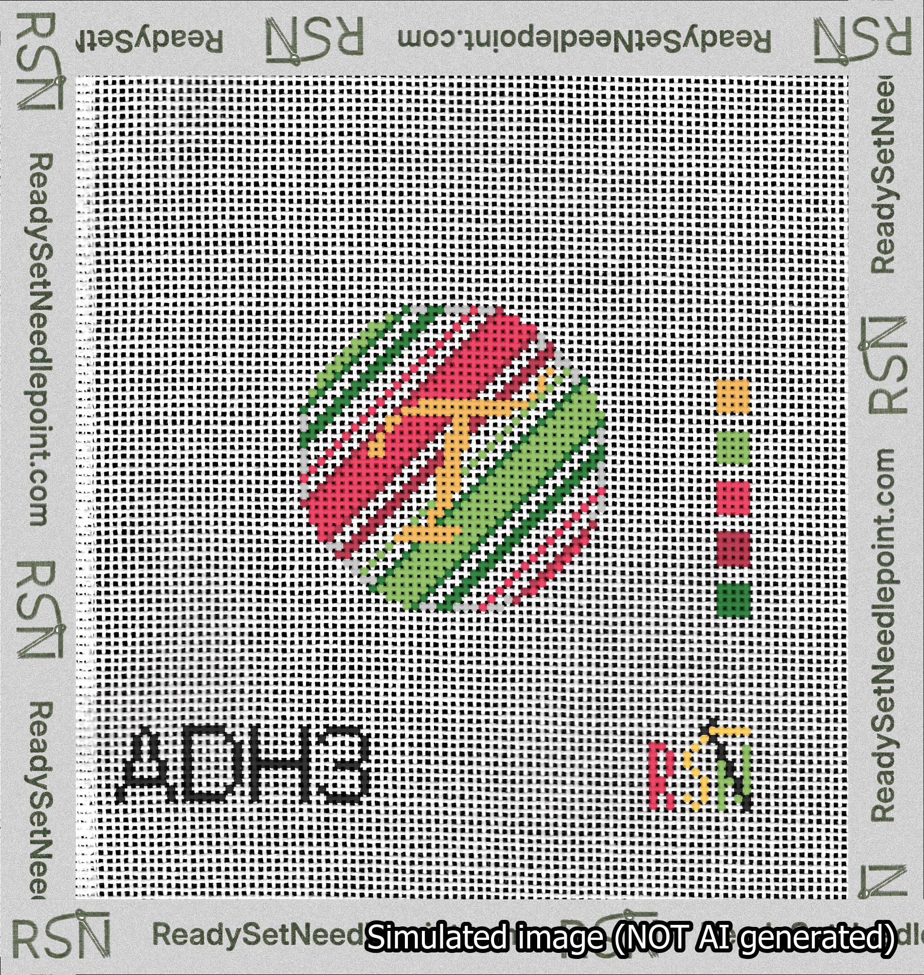 A taped needlepoint canvas with the design: Holiday Circle Initial T Font Gold Script Background Christmas Stripe.