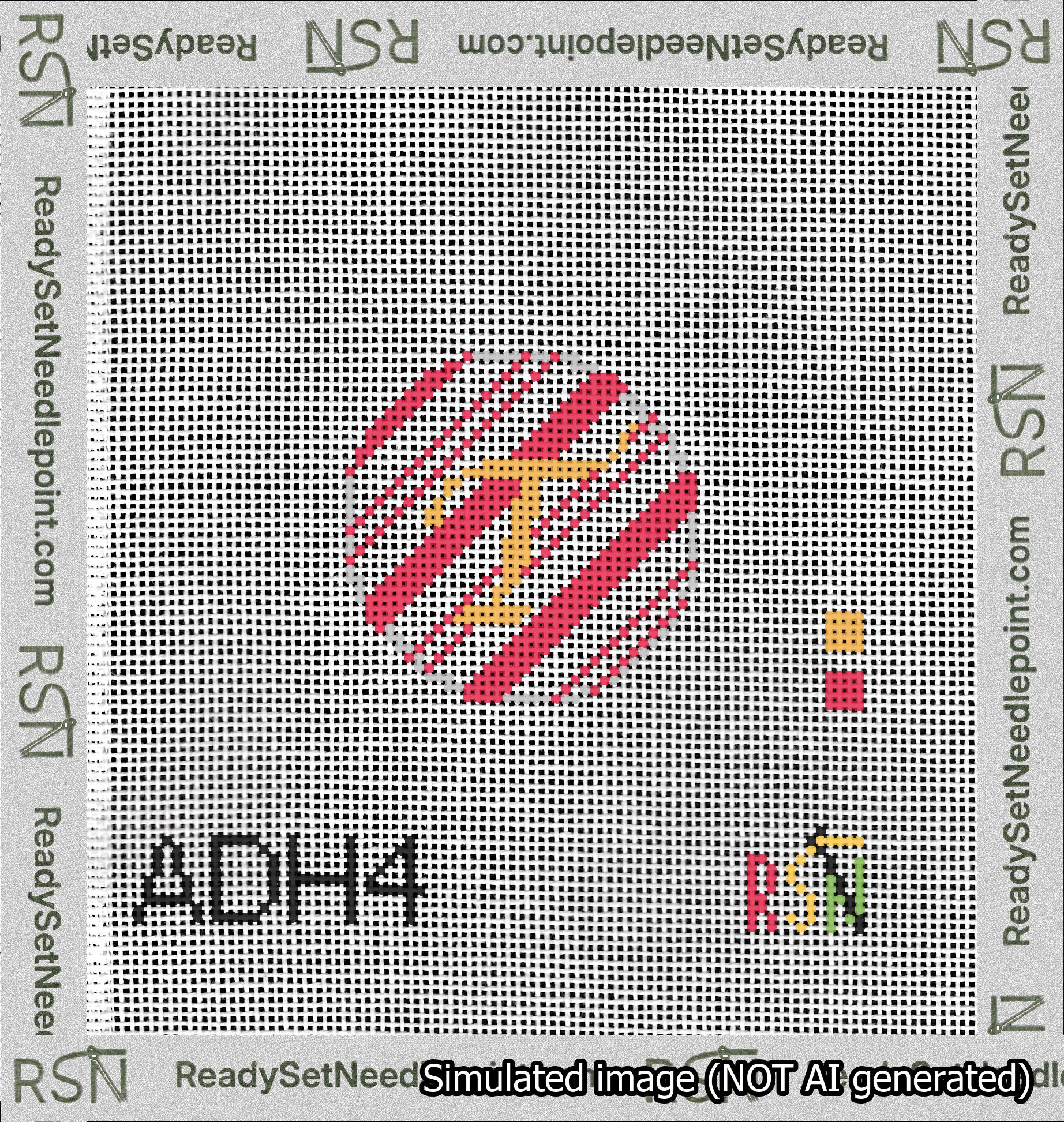 A taped needlepoint canvas with the design: Holiday Circle Initial T Font Gold Script Background Candy Cane Stripe.