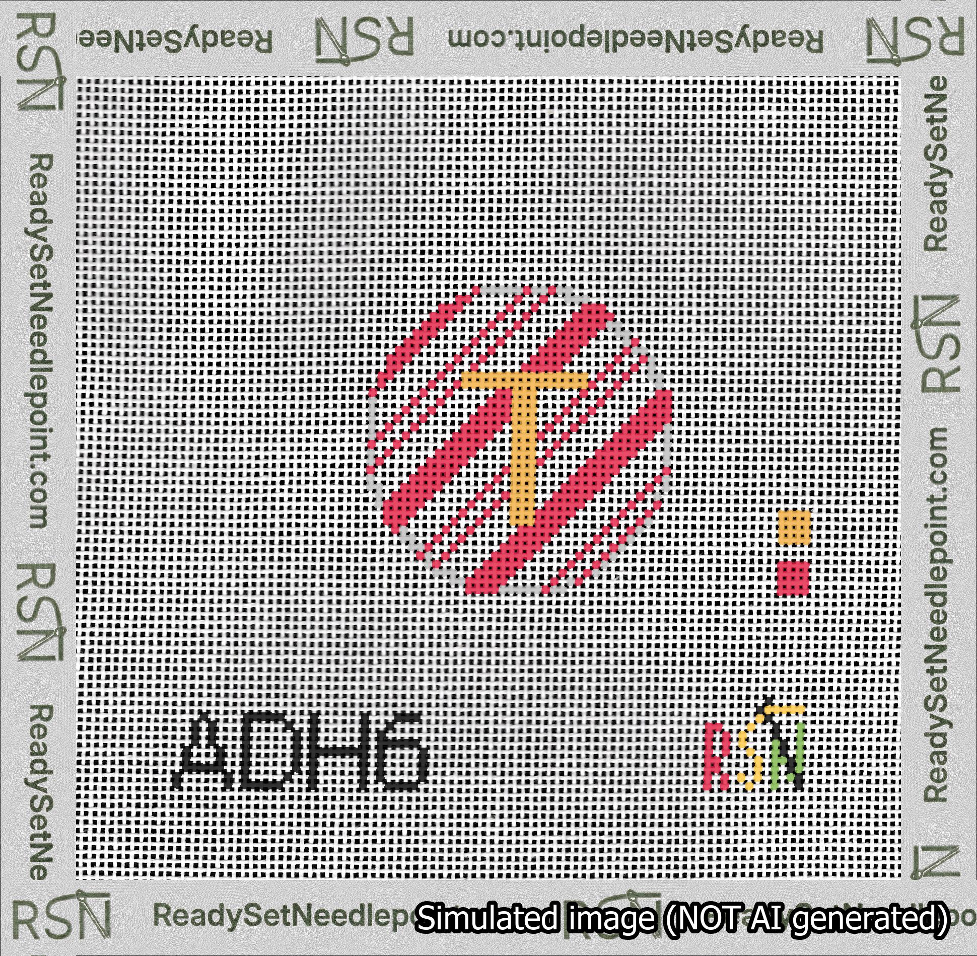A taped needlepoint canvas with the design: Holiday Circle Initial T Font Gold Sans Serif Background Candy Cane Stripe.