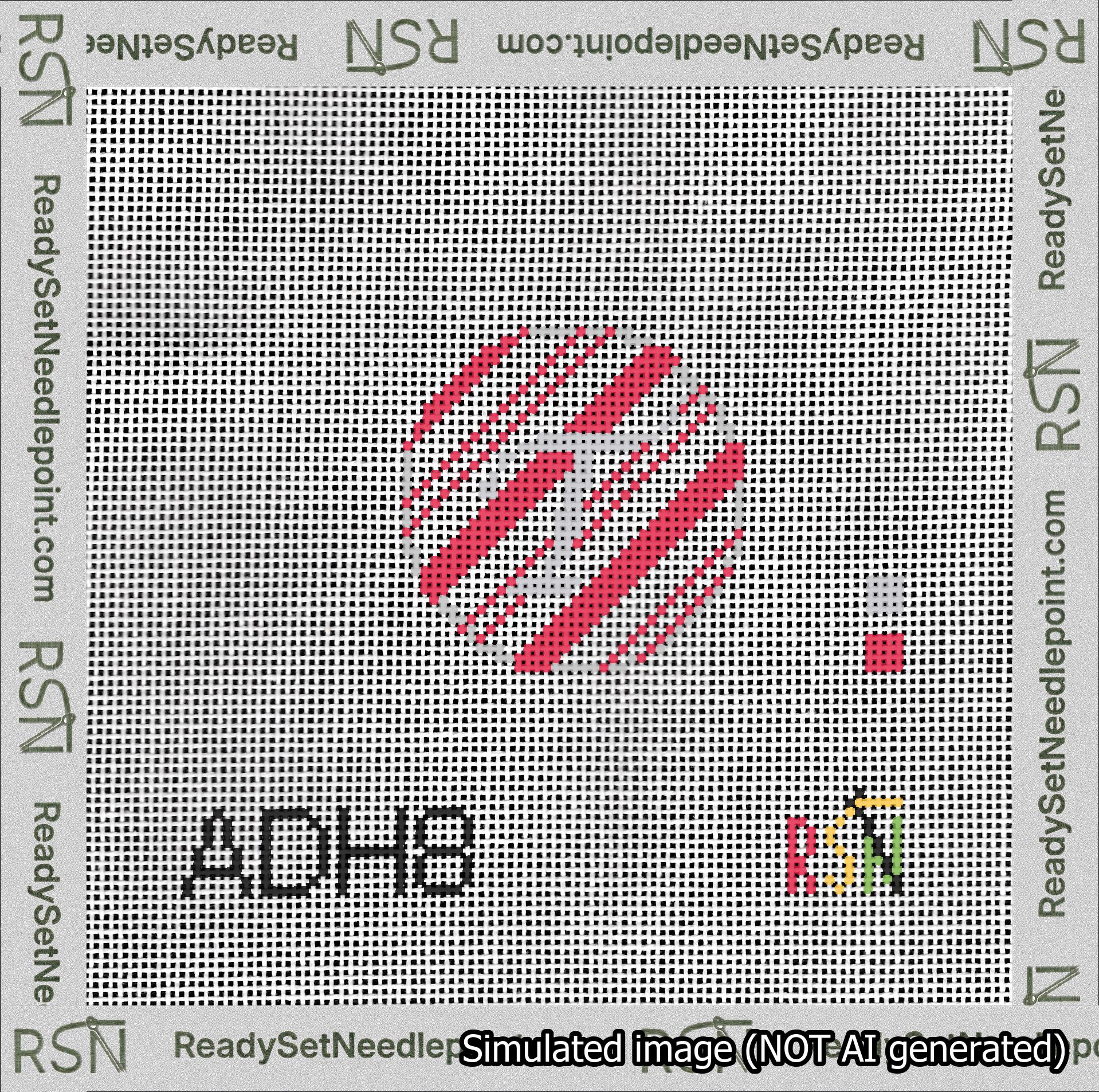 A taped needlepoint canvas with the design: Holiday Circle Initial T Font Silver Script Background Candy Cane Stripe.