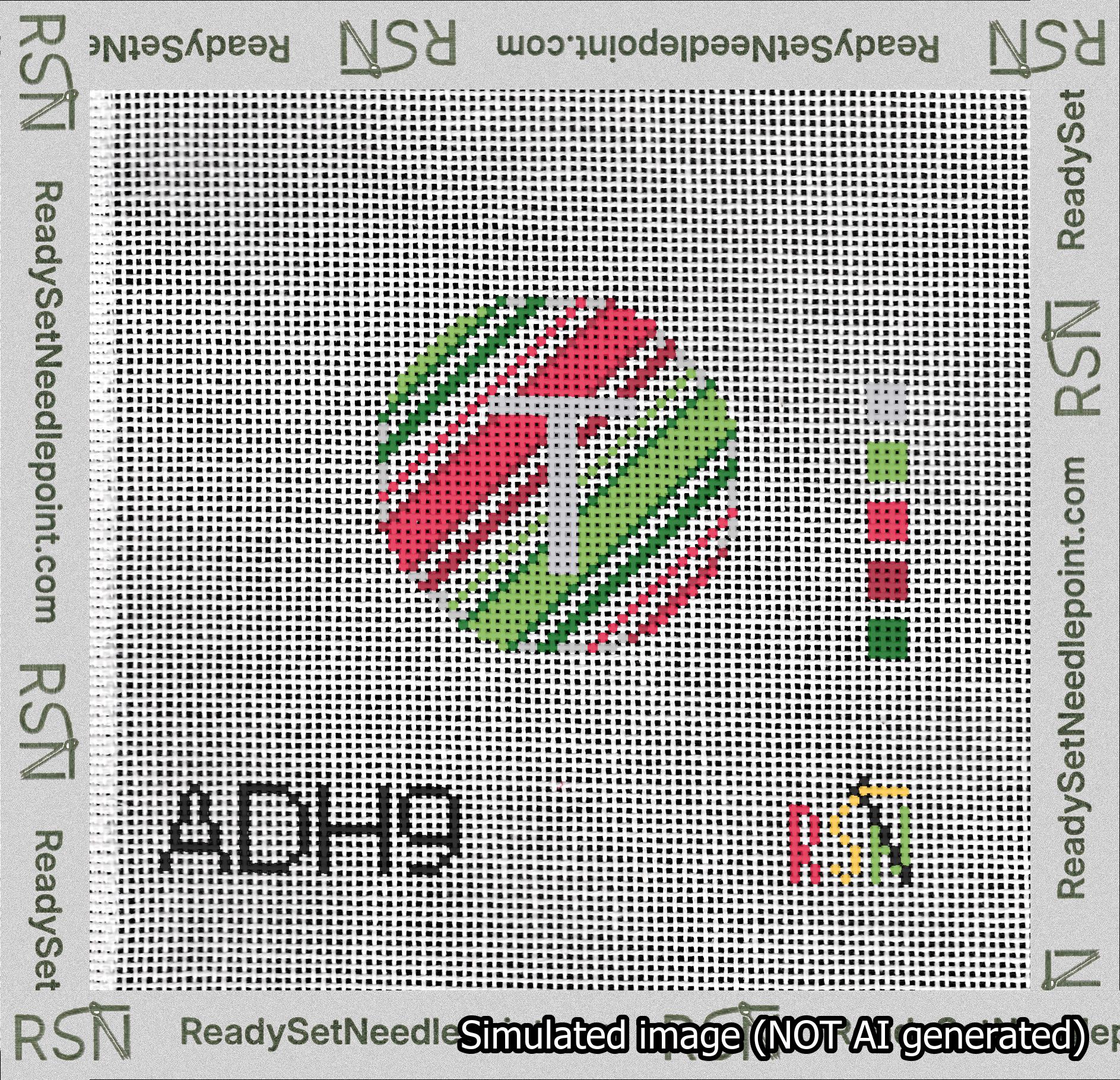 A taped needlepoint canvas with the design: Holiday Circle Initial T Font Silver Sans Serif Background Christmas Stripe.