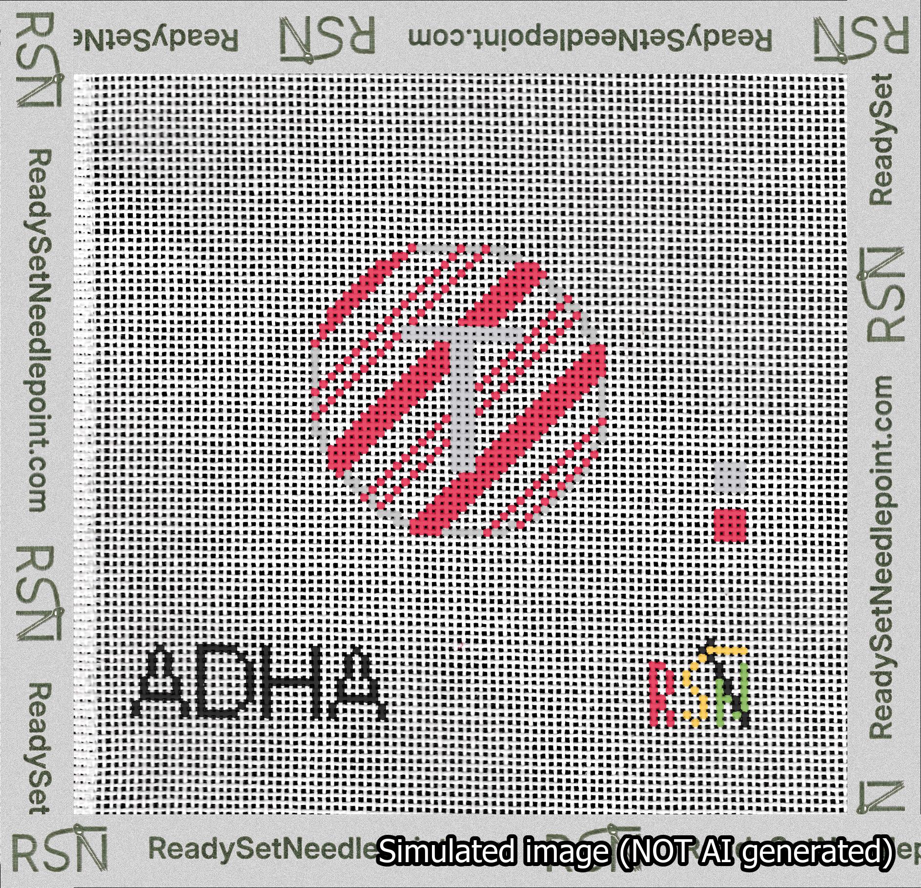 A taped needlepoint canvas with the design: Holiday Circle Initial T Font Silver Sans Serif Background Candy Cane Stripe.