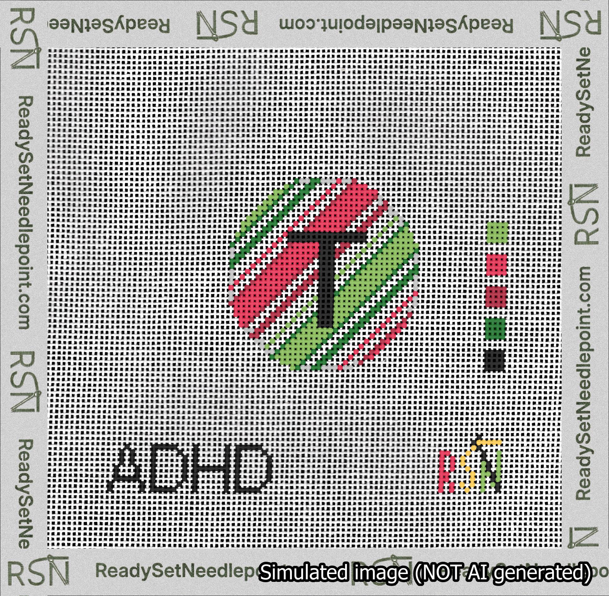 A taped needlepoint canvas with the design: Holiday Circle Initial T Font Black Sans Serif Background Christmas Stripe.