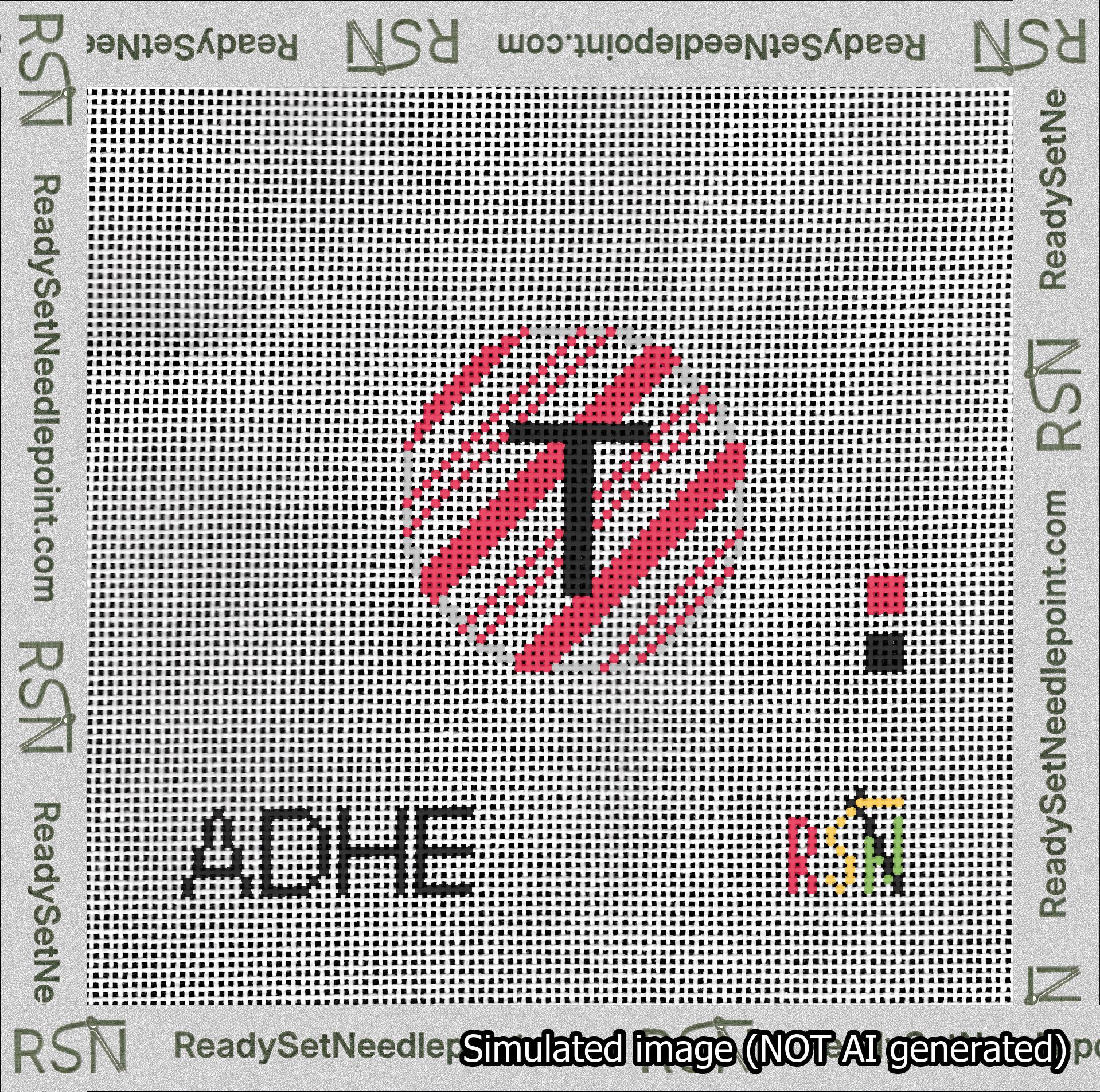 A taped needlepoint canvas with the design: Holiday Circle Initial T Font Black Sans Serif Background Candy Cane Stripe.