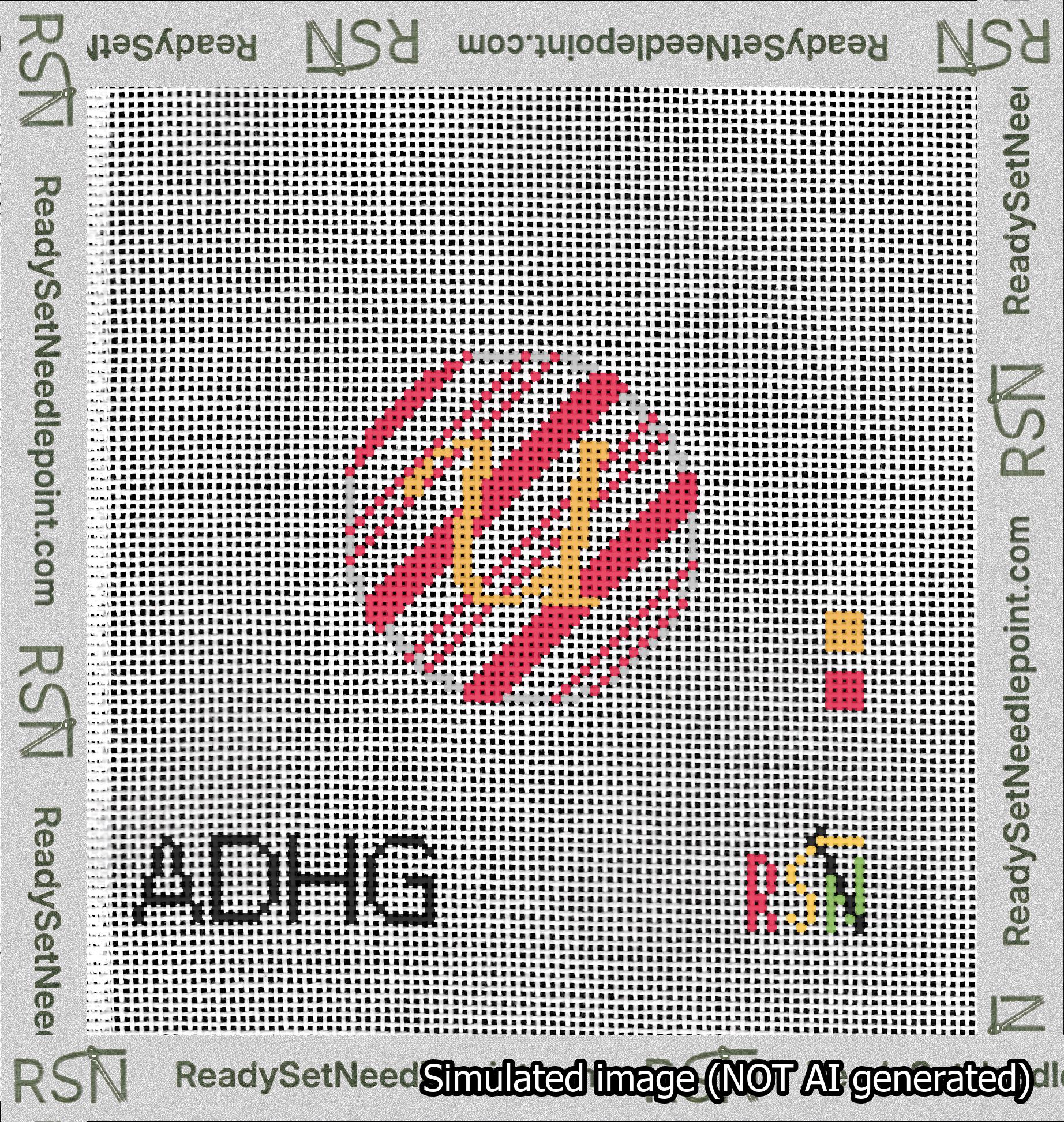 A taped needlepoint canvas with the design: Holiday Circle Initial U Font Gold Script Background Candy Cane Stripe.