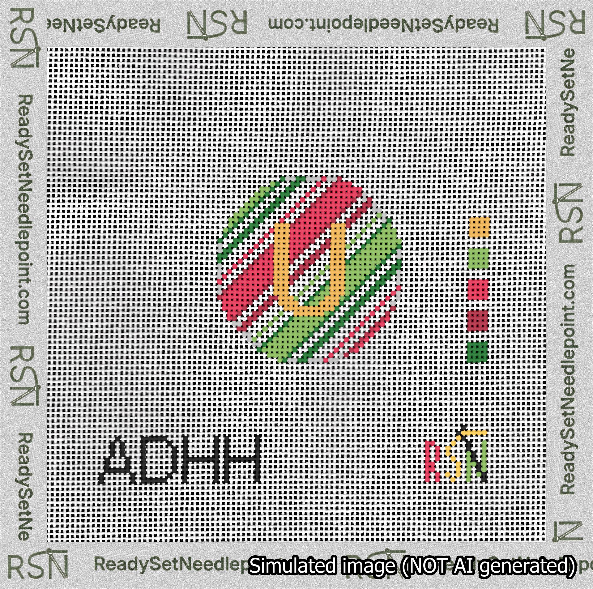 A taped needlepoint canvas with the design: Holiday Circle Initial U Font Gold Sans Serif Background Christmas Stripe.